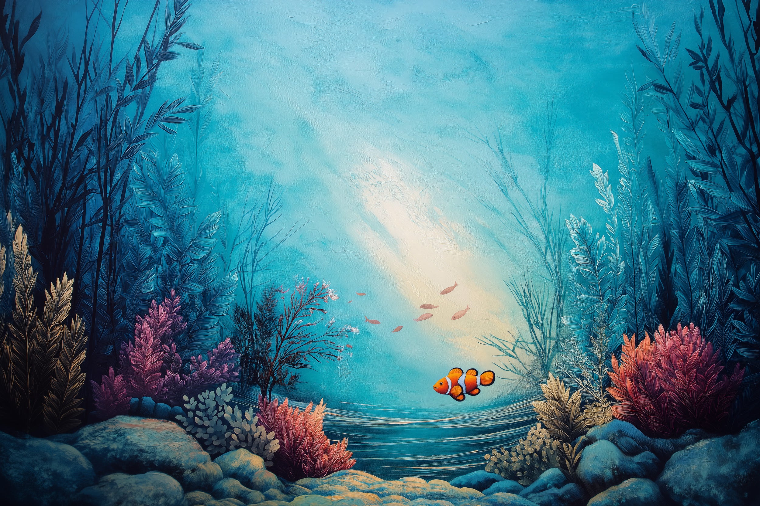 Bright turquoise underwater mural with coral reef, sea plants, and clownfish swimming toward a sunny center, peel and stick w