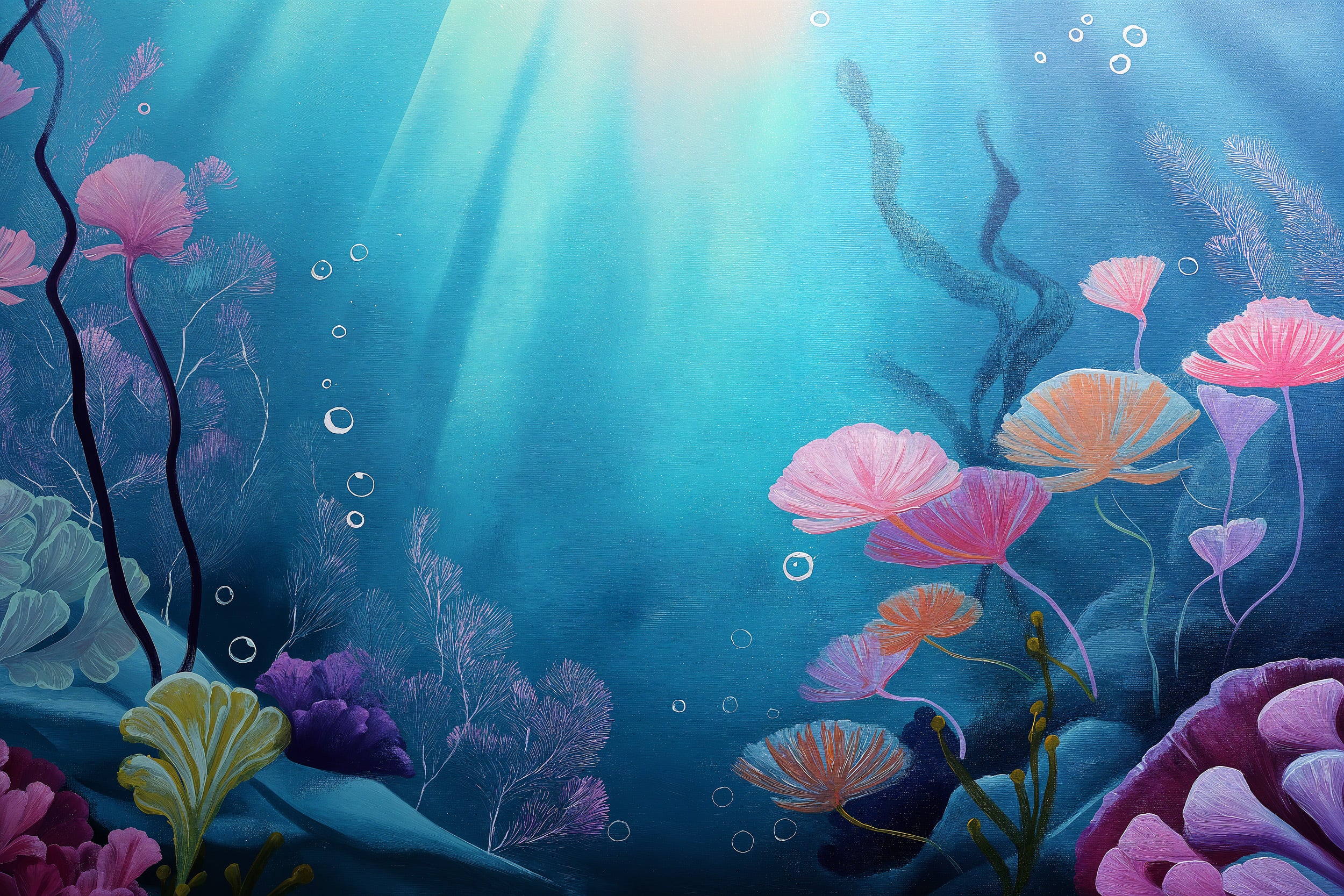Underwater coral reef mural in vibrant blues pinks with tropical fish, bubbles and light rays for a tranquil ocean wall art s