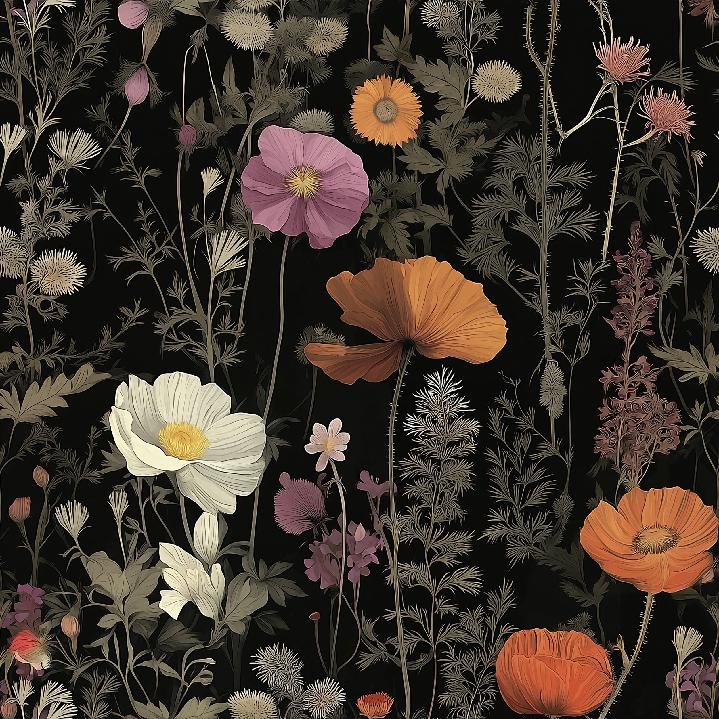 Dark botanical floral wallpaper featuring orange, pink, and cream poppies and delicate wildflowers against a black background with hand-drawn