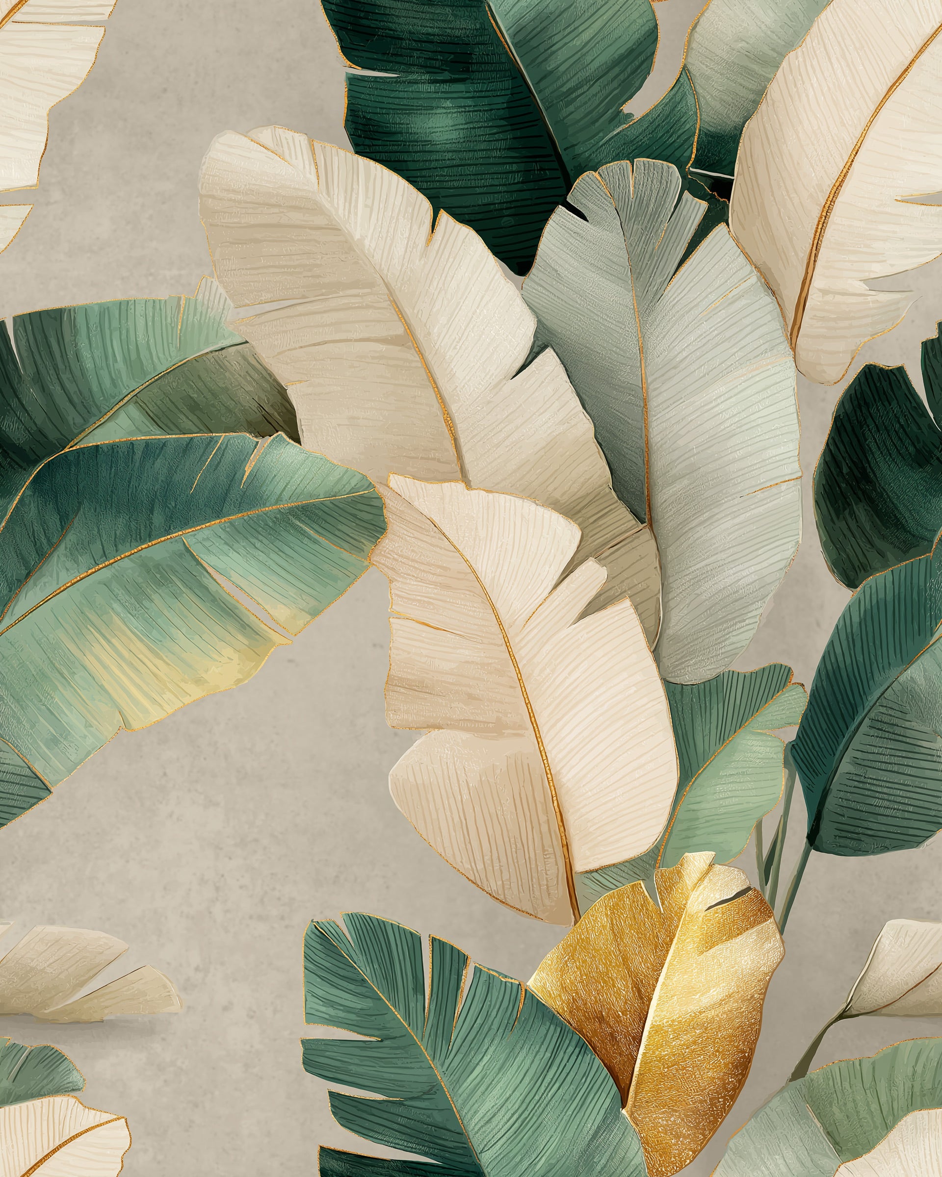 Elegant tropical banana leaf wallpaper in emerald green cream and gold accents, modern removable botanical design for living rooms and bedrooms