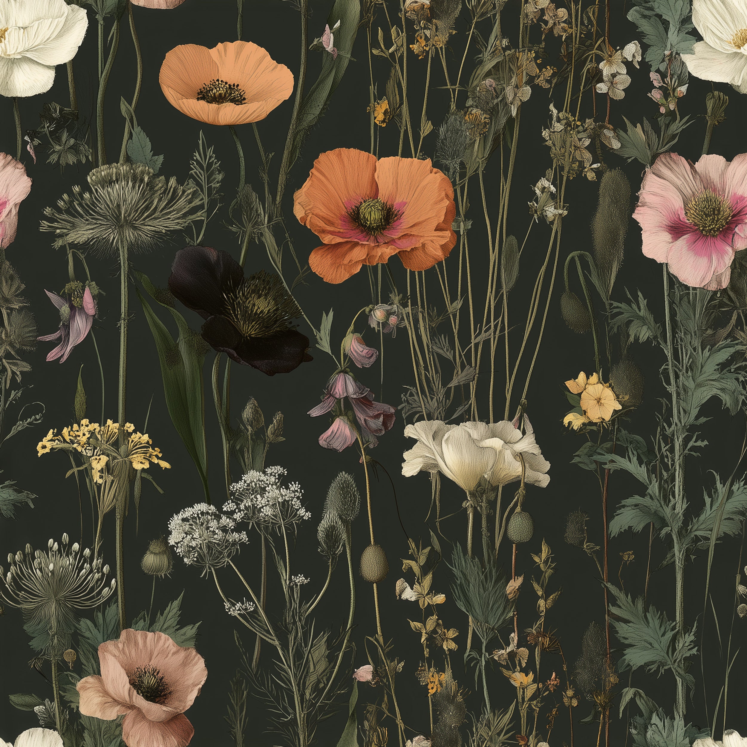 Dark green floral wallpaper features orange poppies and delicate wildflowers in a moody English garden style with a self-adhe
