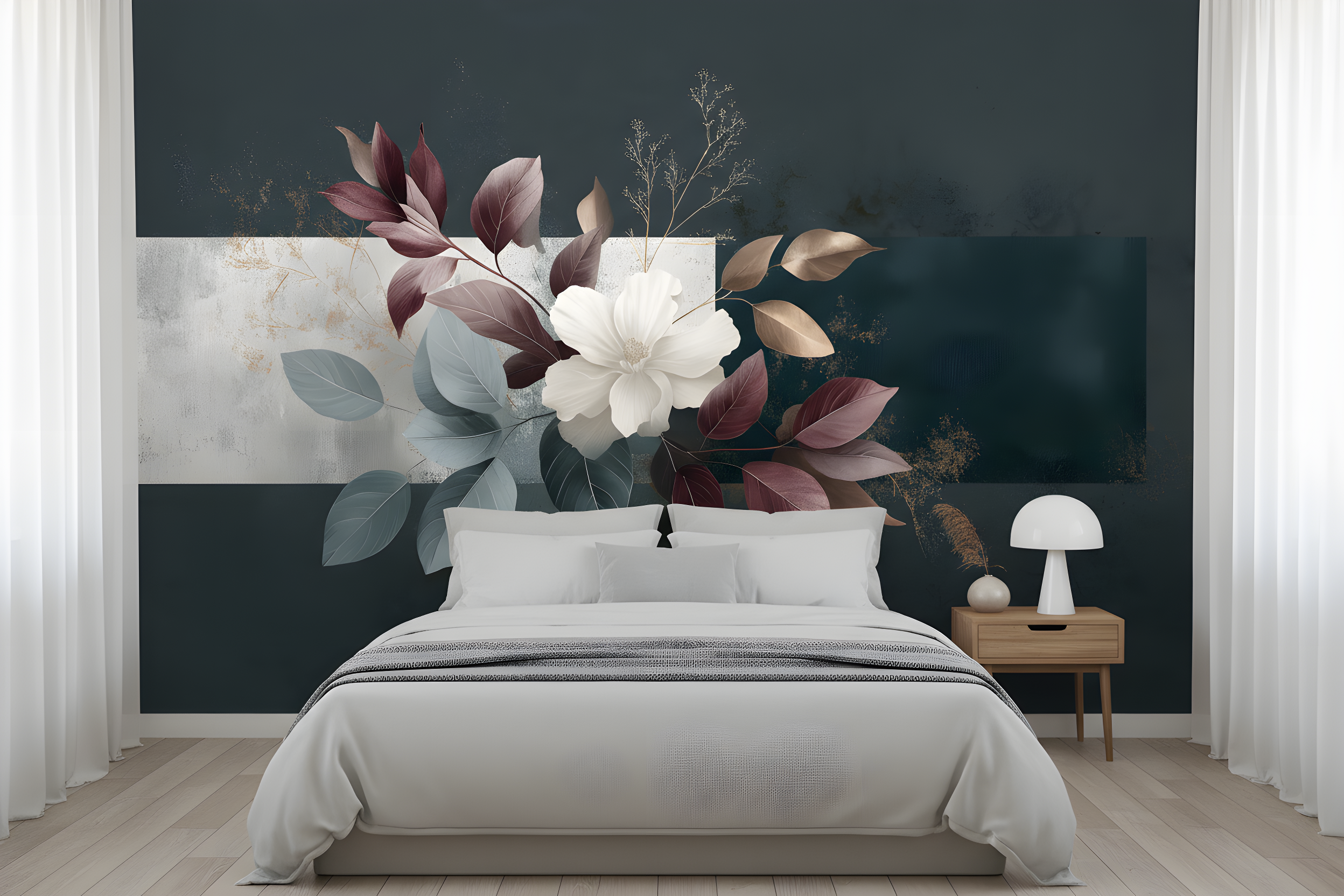 Dark elegant botanical mural in a bedroom featuring a large white magnolia bloom with burgundy, sage green, and bronze leaves against a dark teal