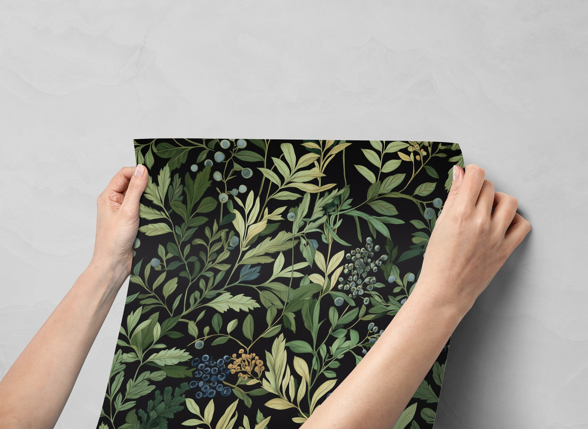 Dark botanical berry wallpaper with green leaves and blue berries on a black background, peel and stick style shown being app