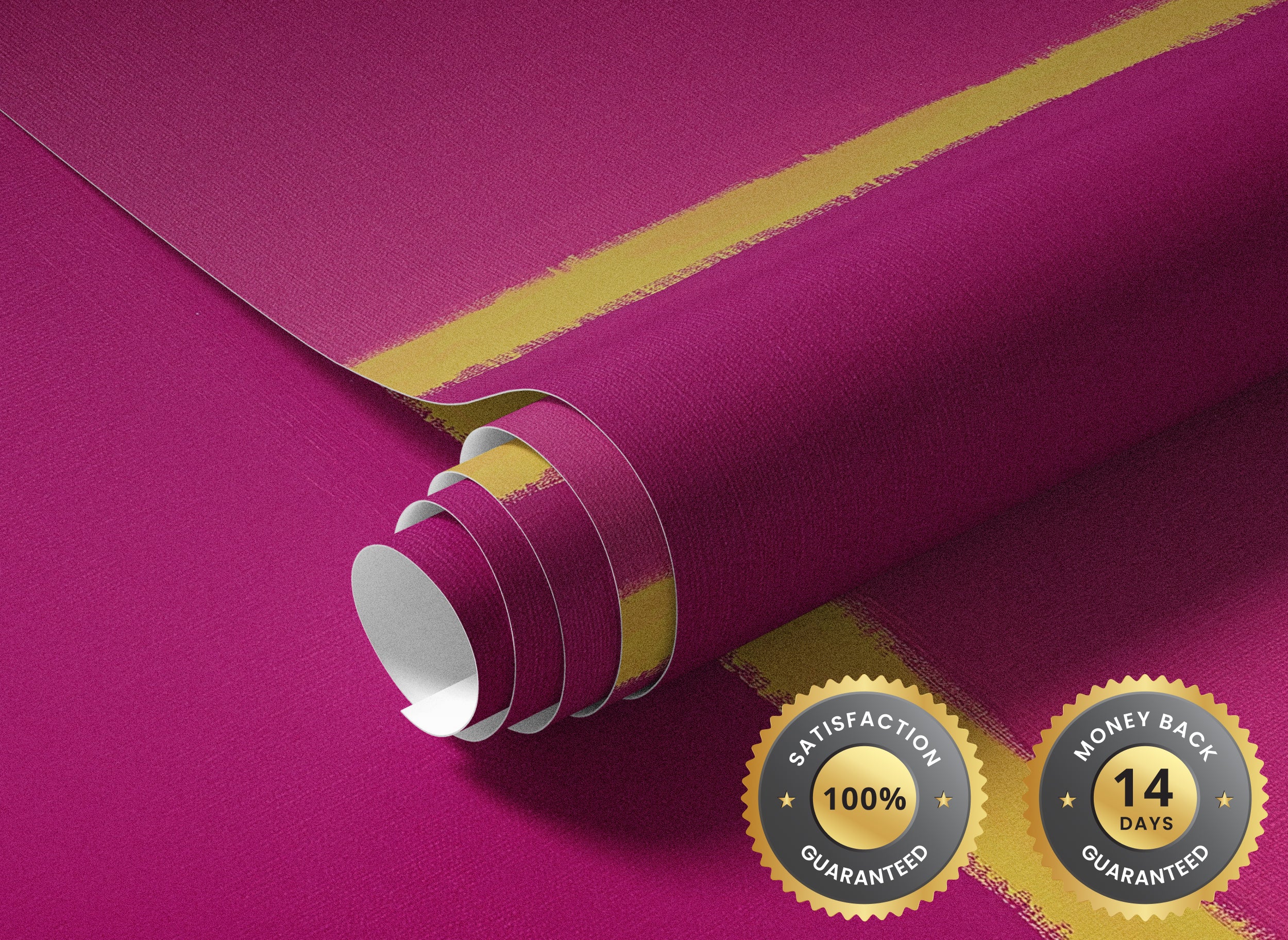 Pink abstract wall mural with magenta tones and gold brushstroke accents, shown as a peel and stick wall cover in a rolled di