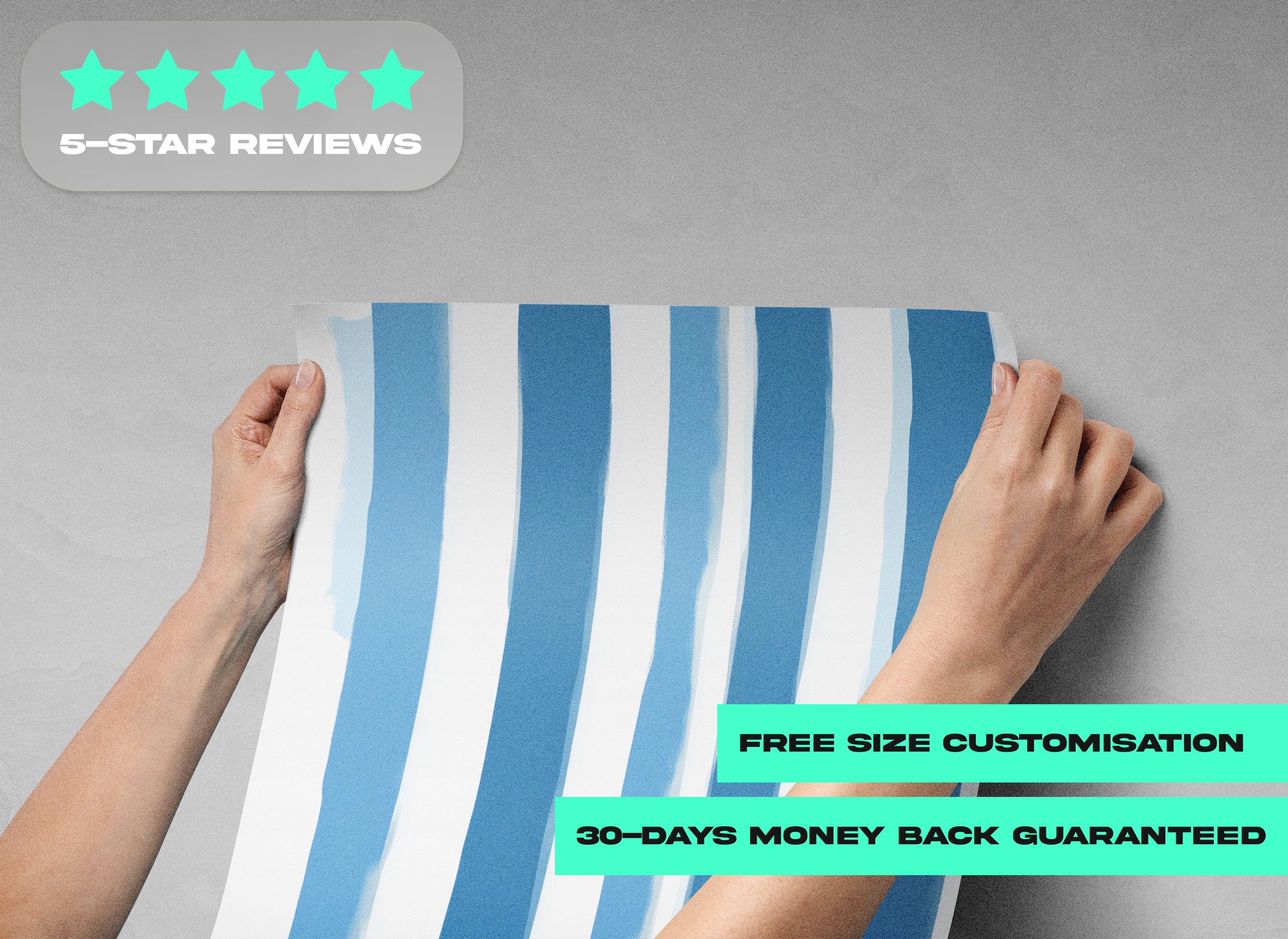 Blue watercolor striped peel and stick wallpaper with vertical blue white stripes, modern coastal wall decor for rental homes
