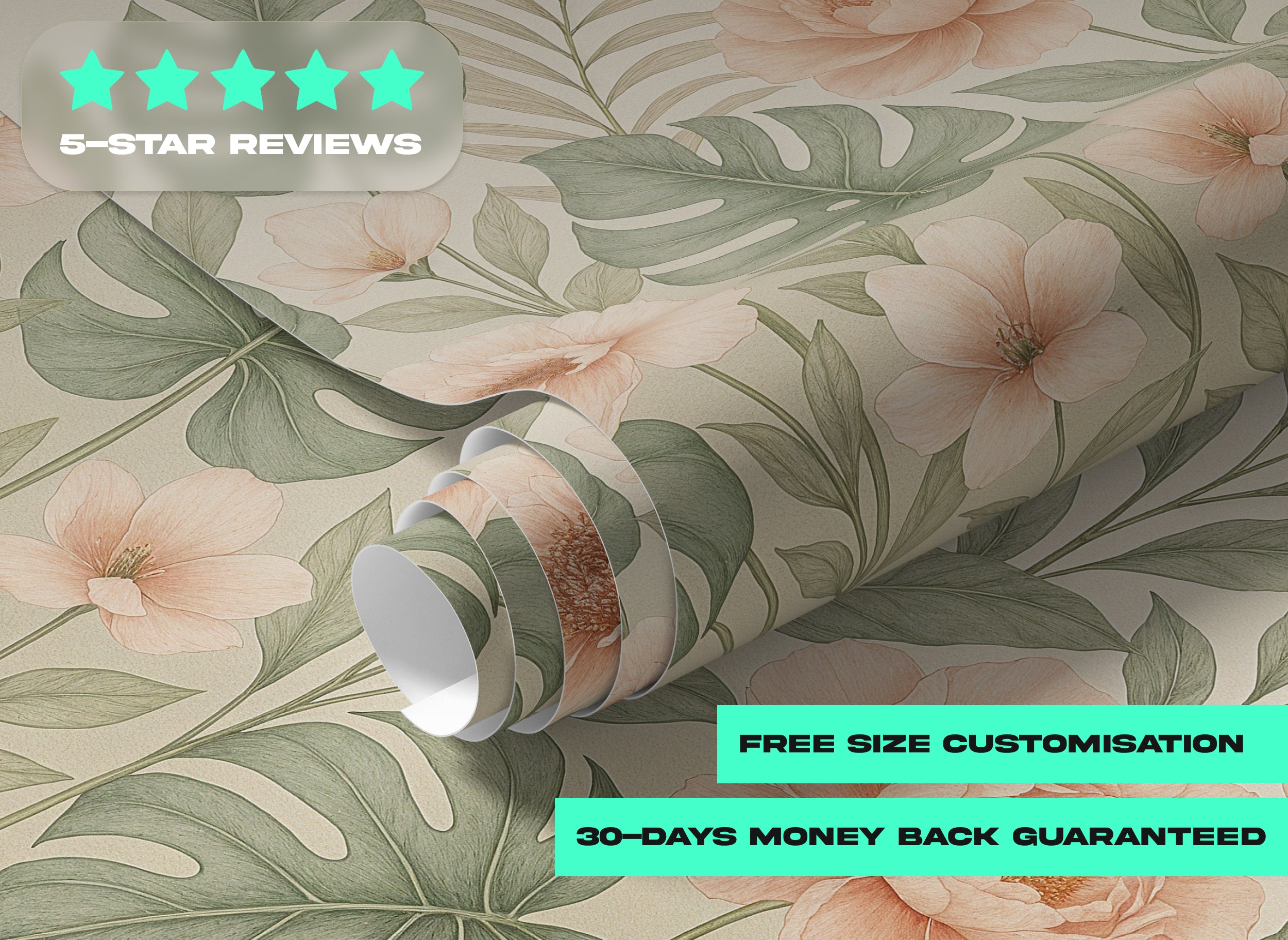 Tropical floral mural with peach peonies and green monstera leaves in watercolor style, peel and stick wall art for bedroom d