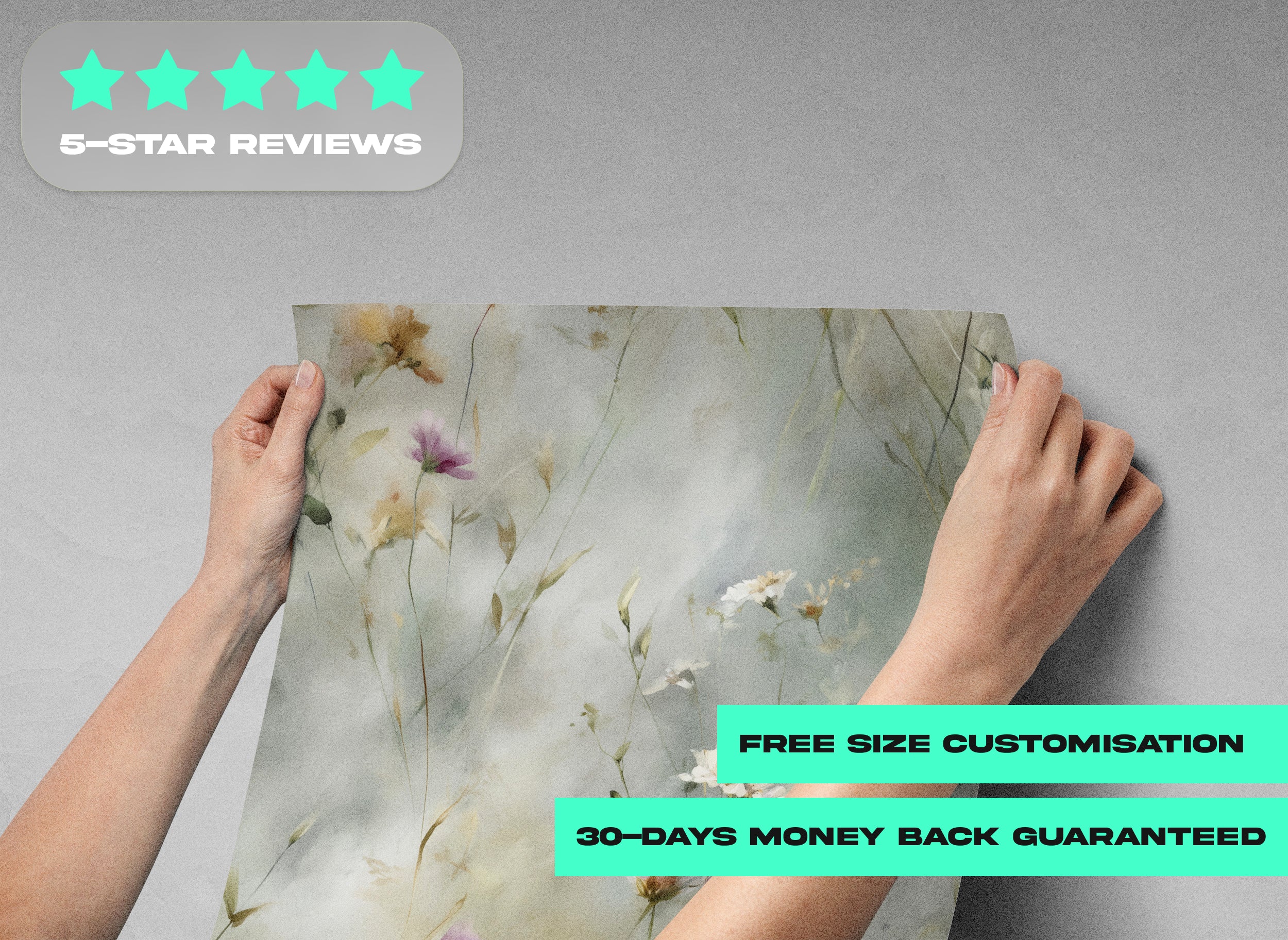 Delicate watercolor white cosmos and purple wildflowers on a soft neutral background mural for bedroom or living room walls