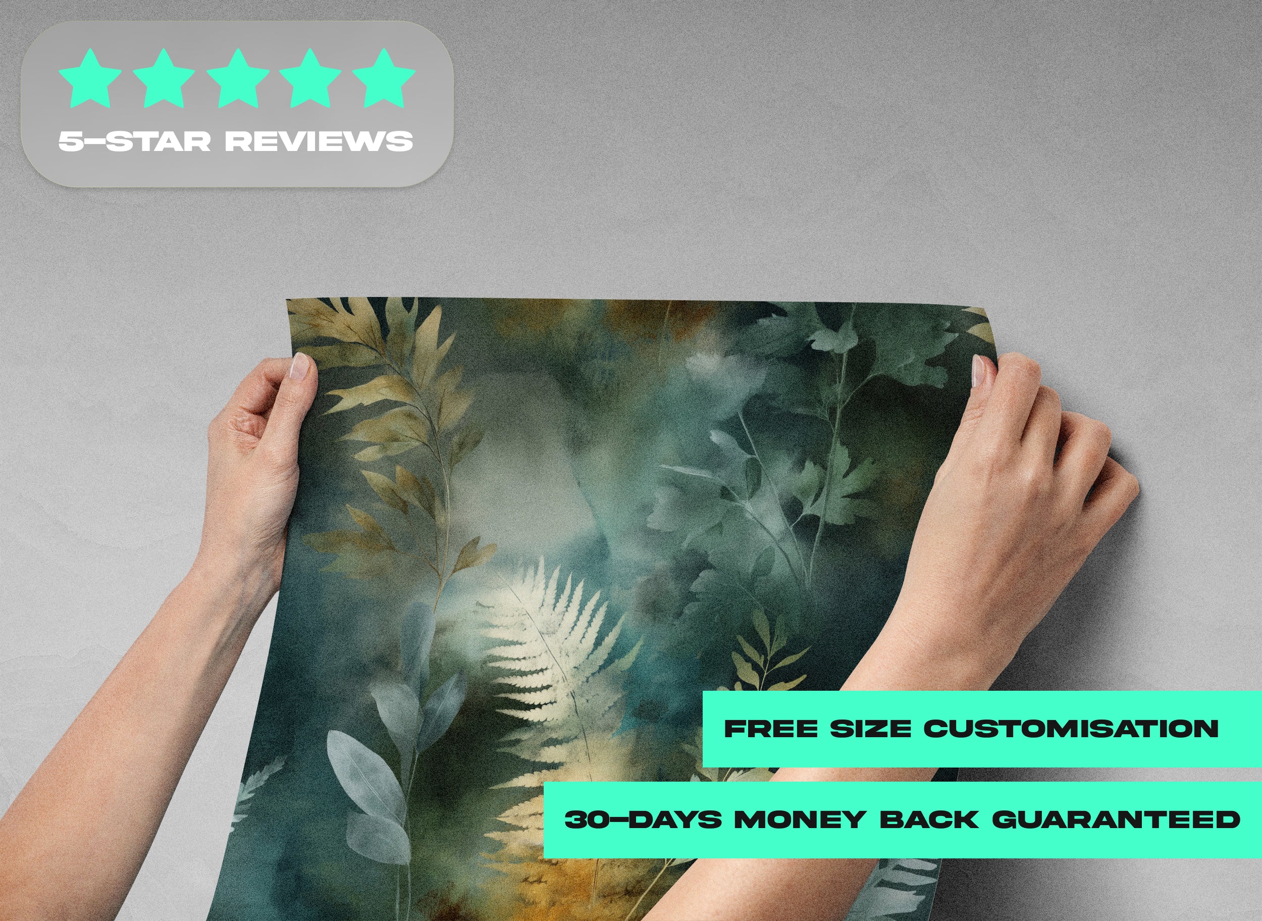 Botanical watercolor fern wallpaper mural in teal and gold with leafy leaves, tranquil forest vibe in sage greens and blues