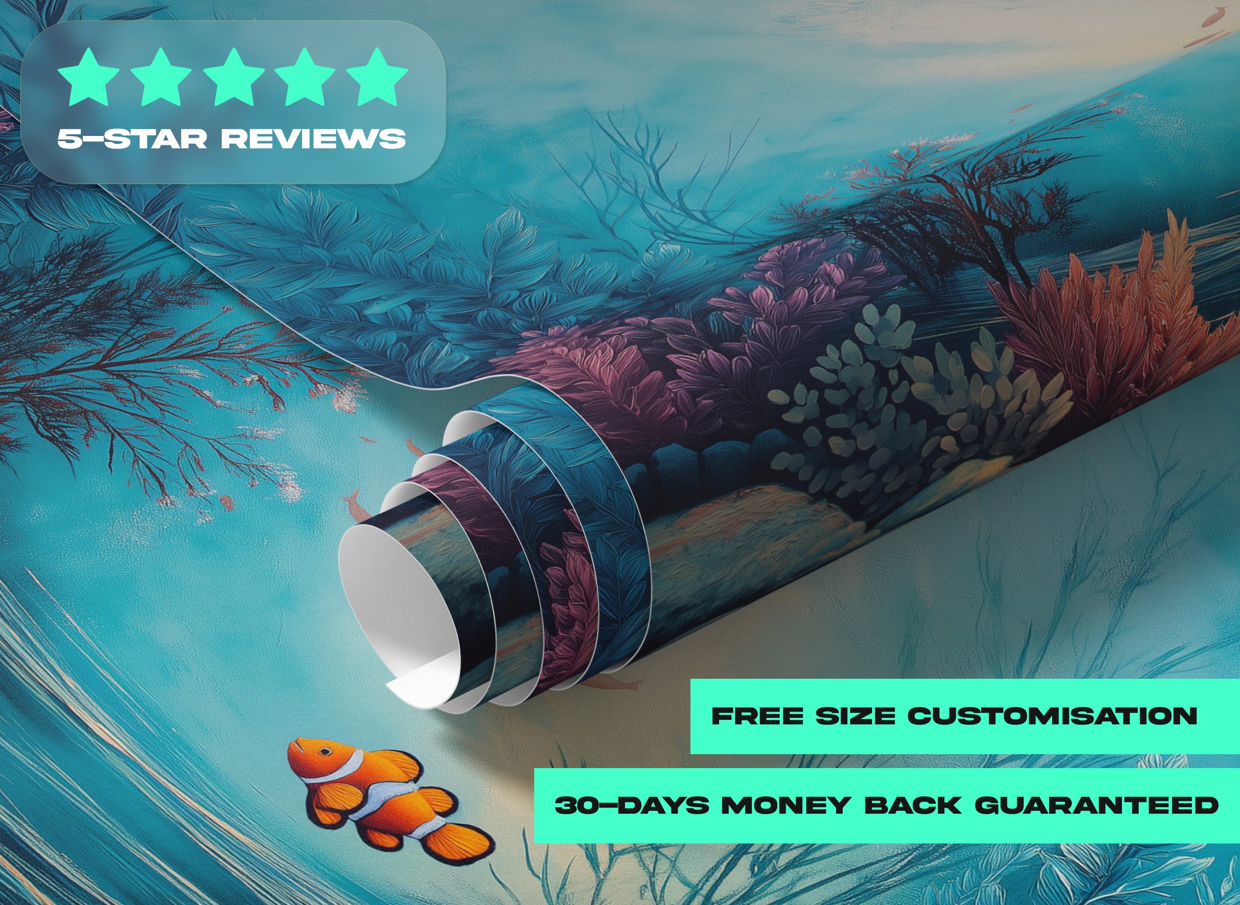 Underwater coral reef mural with turquoise ocean tones and clownfish, peel and stick wall decor for bedroom, vibrant aquatic