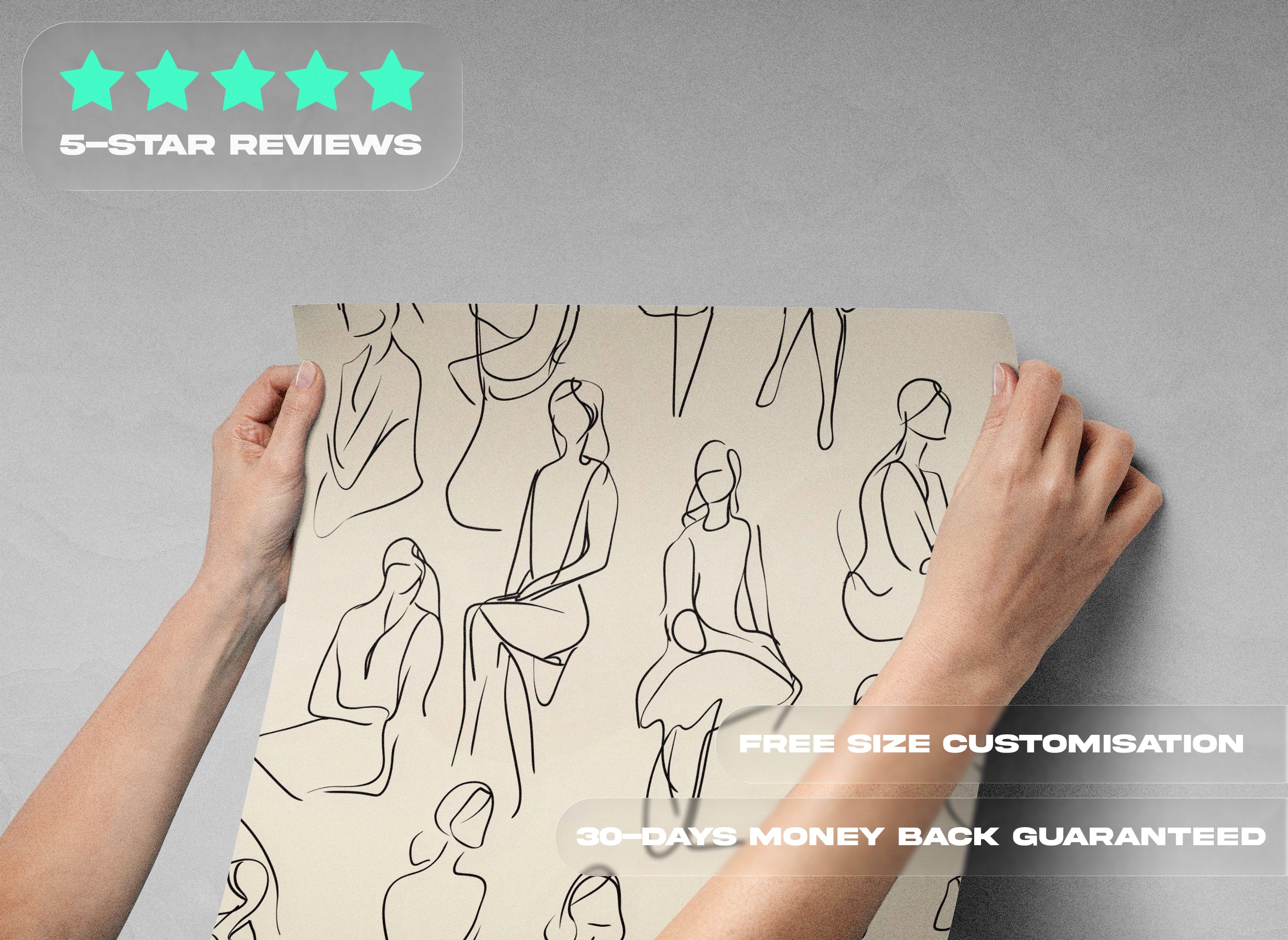 Abstract figure art wallpaper with minimalist black line drawings of seated and standing human silhouettes on a warm beige ba