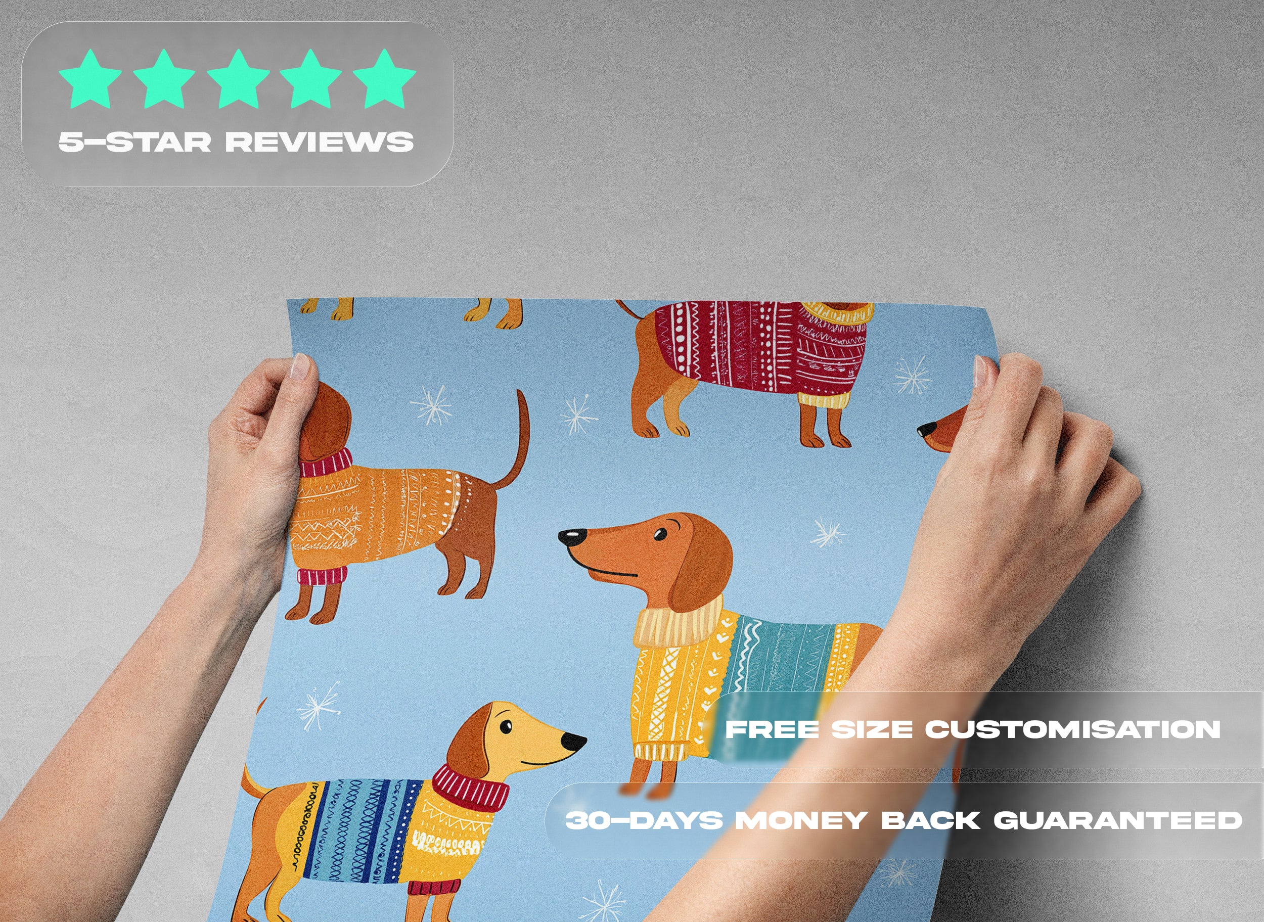 Cozy dachshund Christmas wallpaper with blue background, dachshunds in festive sweaters on a seamless peel-and-stick removabl
