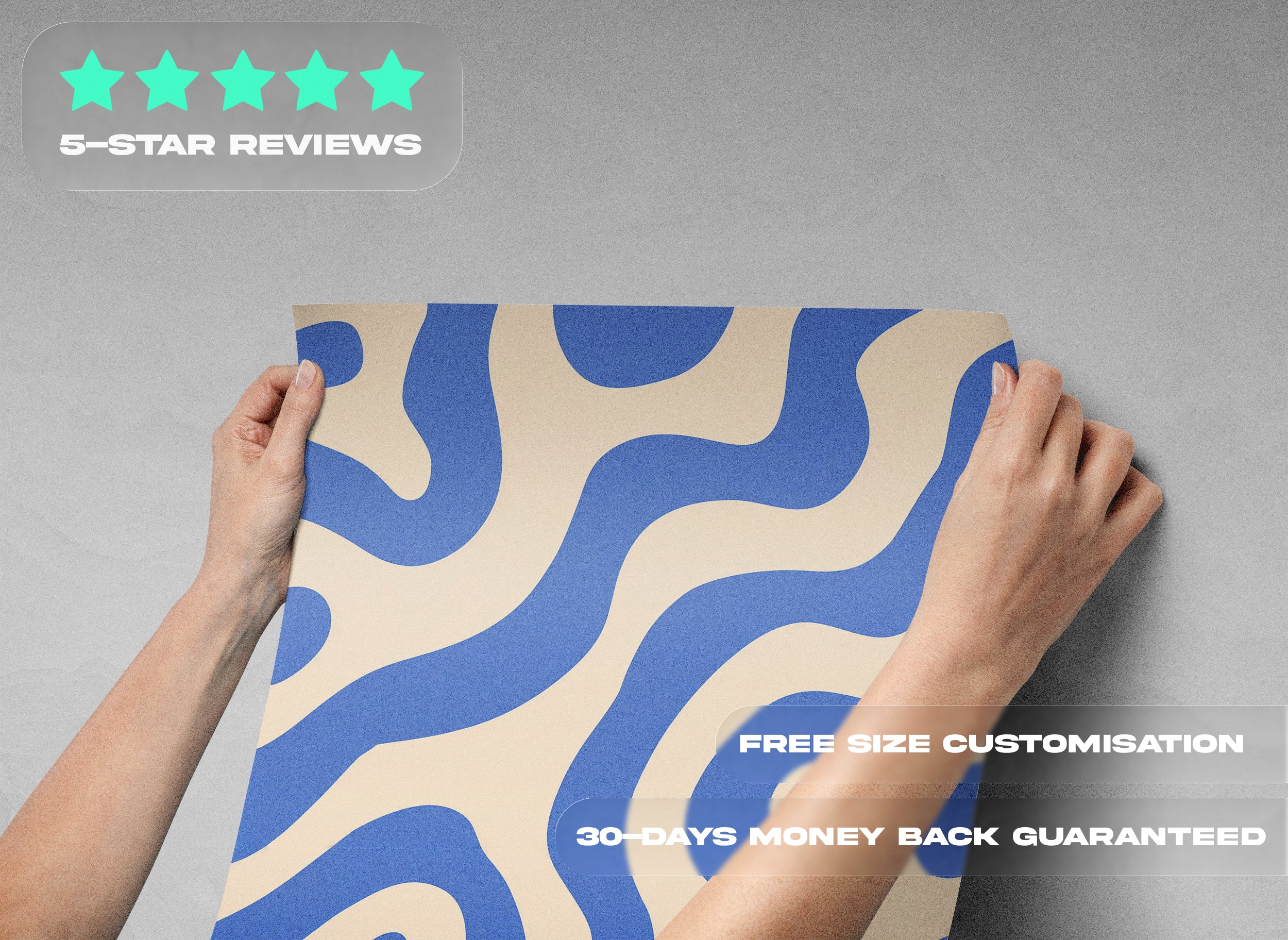 Abstract swirl wallpaper in blue beige tones held by hands, modern removable wallcovering with flowing curves