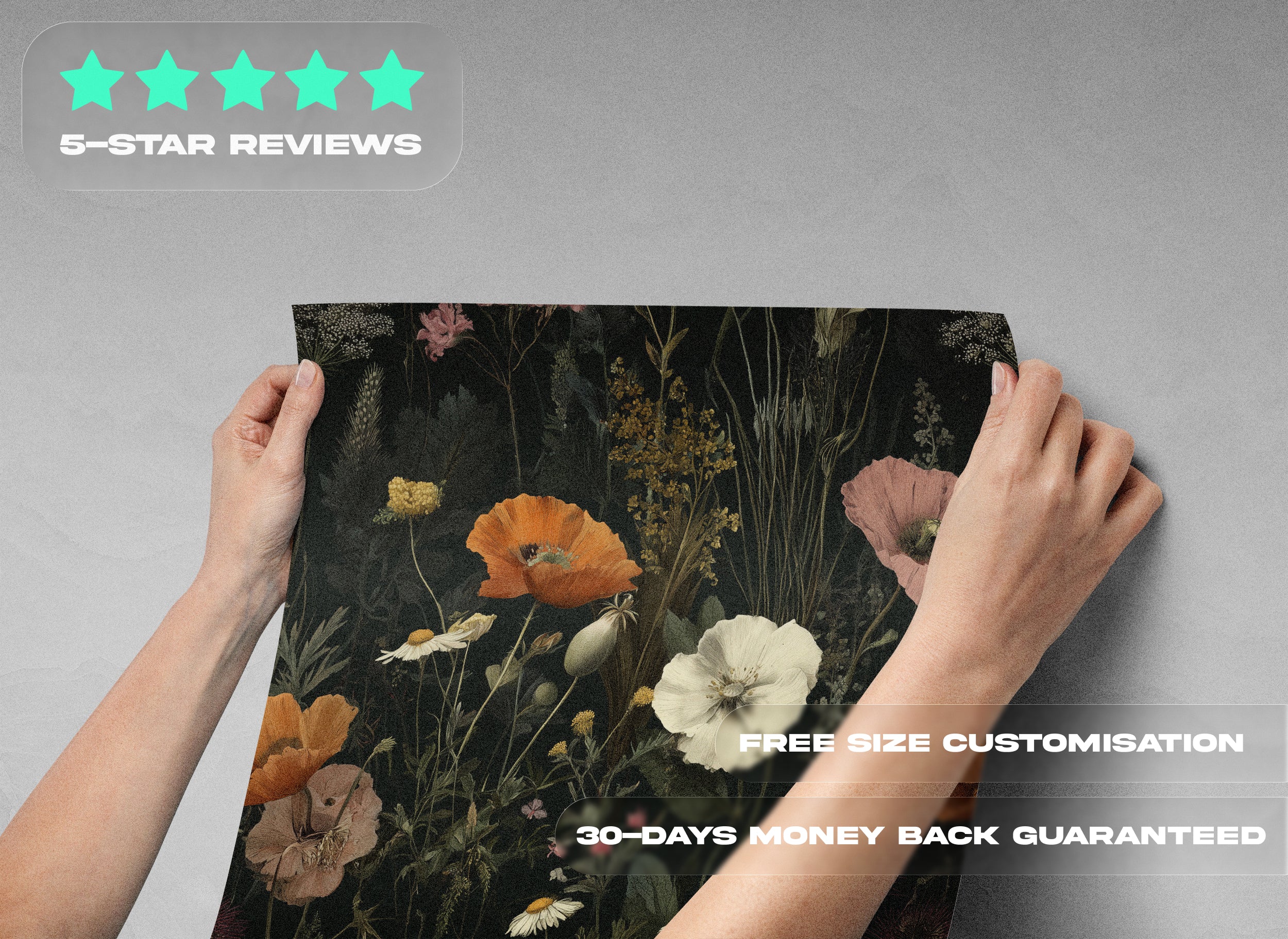 Dark botanical floral wallpaper with a dark background and orange poppies, white daisies, and wildflowers being held up for p