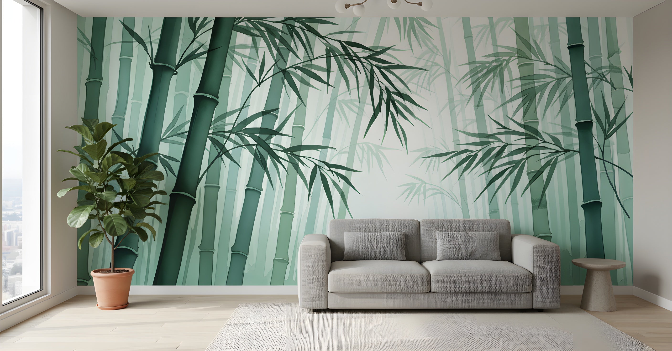 Removable bamboo forest mural in sage green tones behind a gray sofa, room with large window and potted plant for serene zen living space