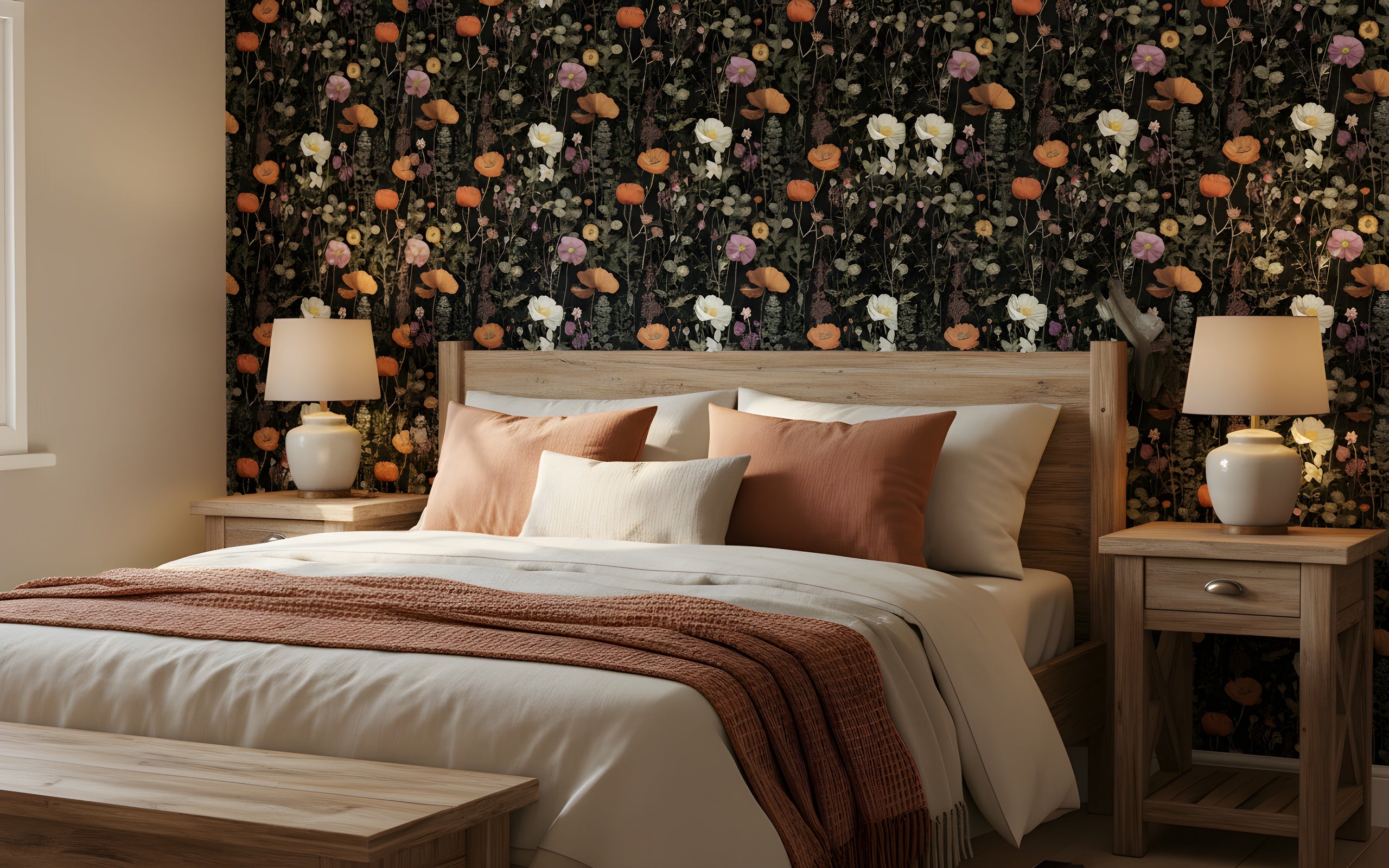 A cozy bedroom featuring a dark botanical floral wallpaper with orange poppies and delicate wildflowers, a wooden bed with warm peach cushions and