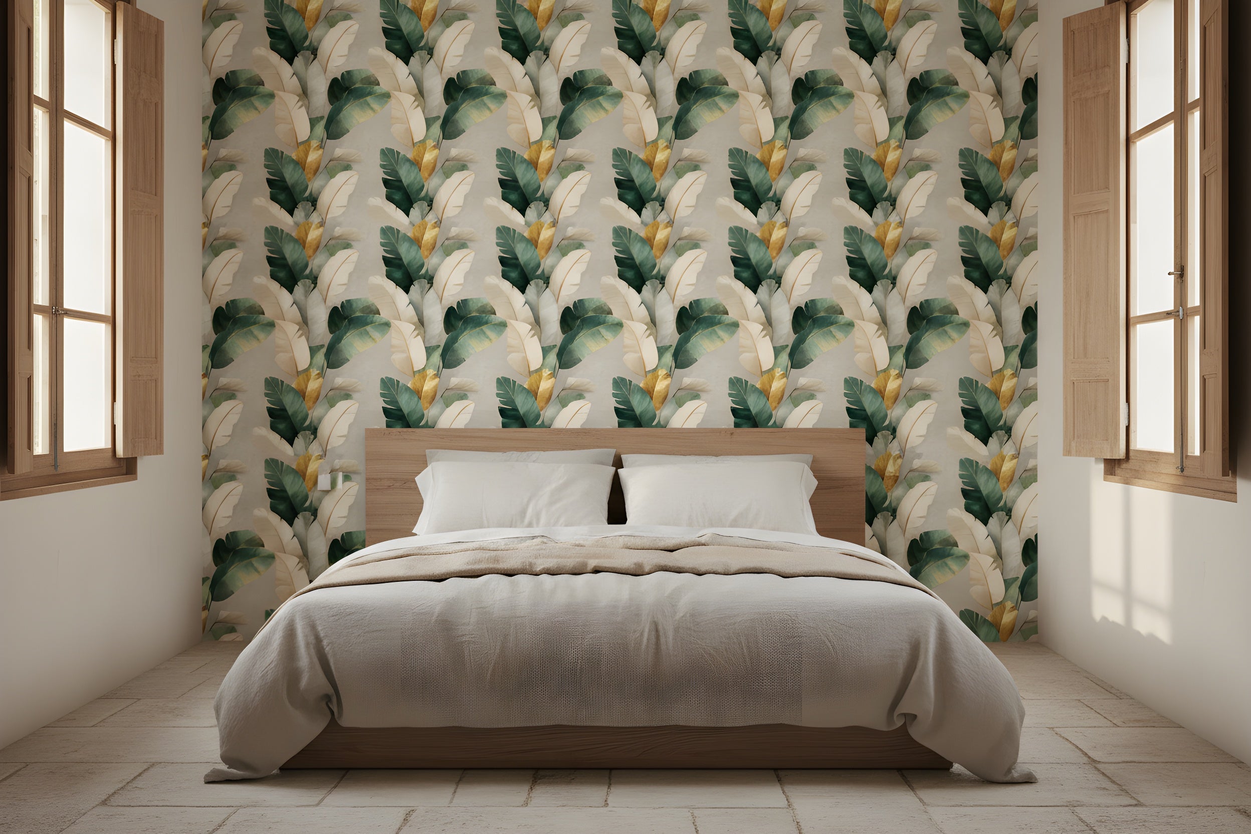 Bedroom with a wooden bed against tropical leaves wallpaper in green cream and gold accents, soft beige bedding, natural wood window frames, modern