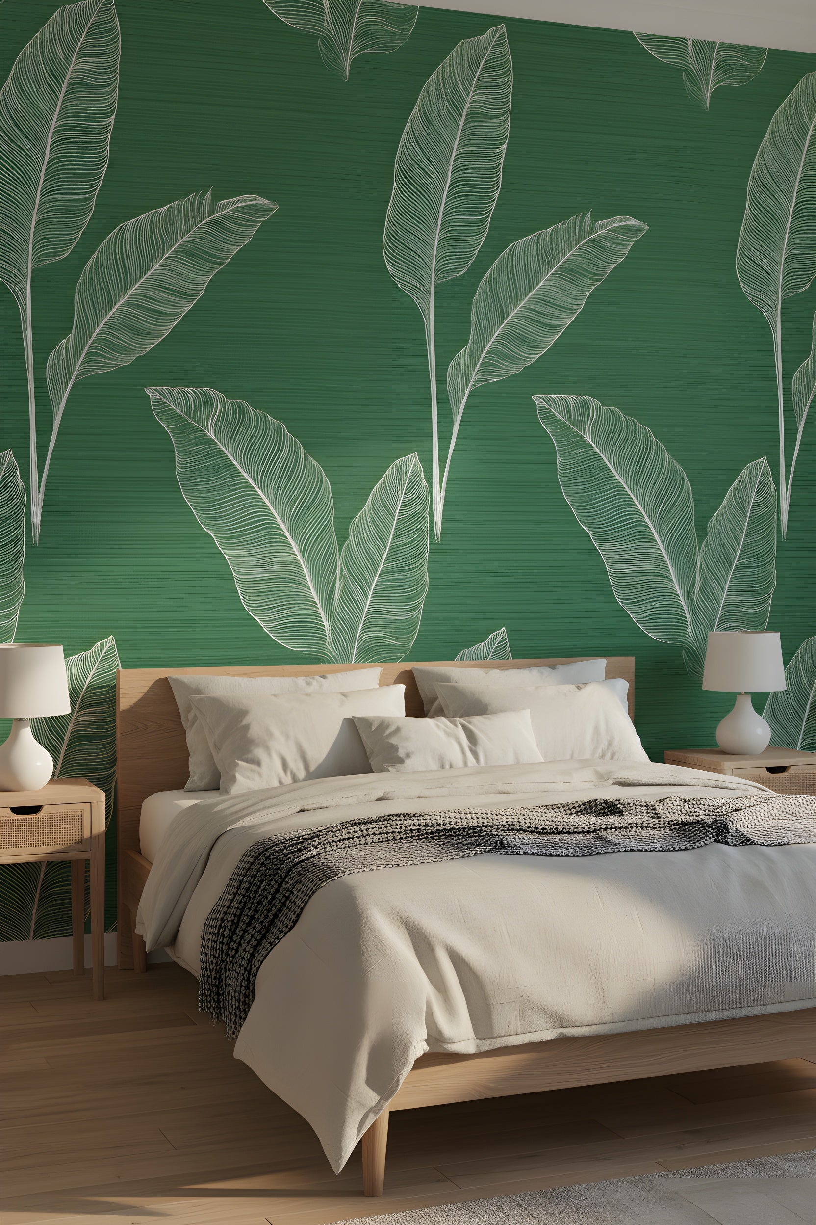 A sunny-green tropical leaf wallpaper with large white outlined leaves on emerald background behind a minimalist wooden bed with neutral bedding and