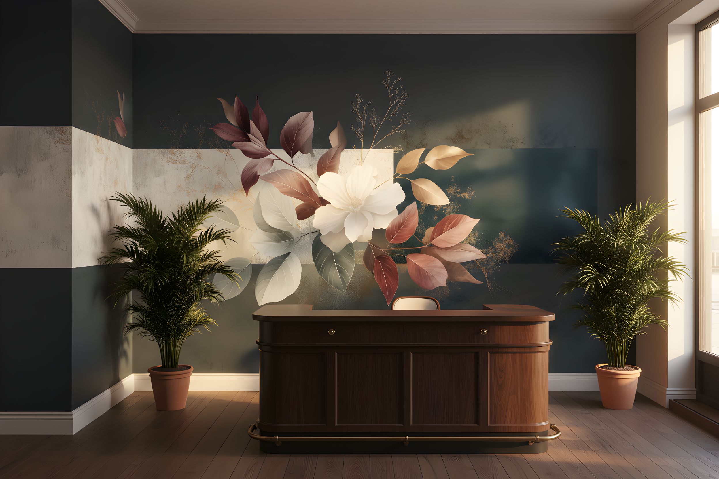 Dark elegant botanical mural featuring a large white magnolia bloom with burgundy, sage green, and bronze leaves adorning an office background with a