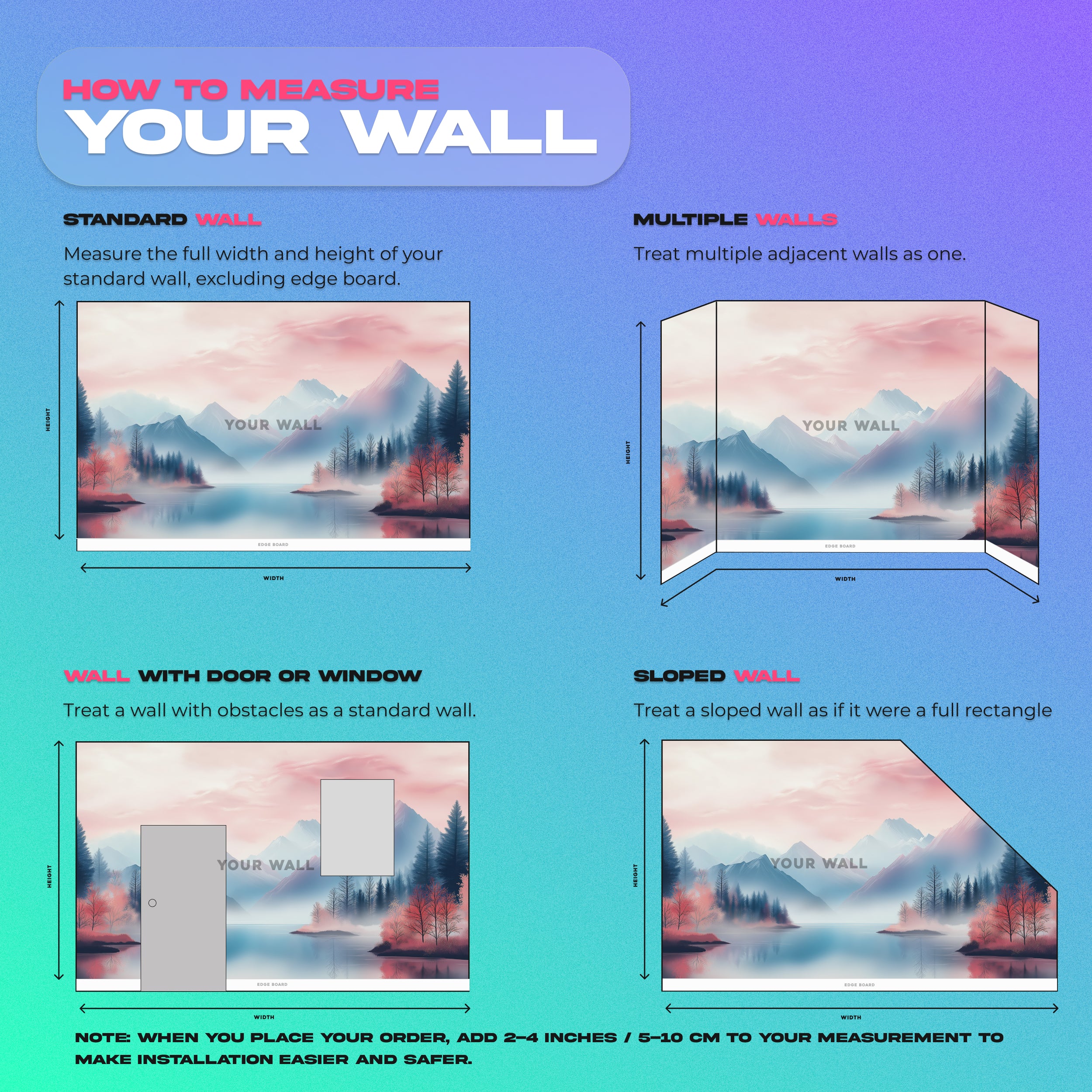 Pink mountain lake mural with pastel pink autumn trees and blue snow-capped peaks in a tranquil lakeside setting for walls