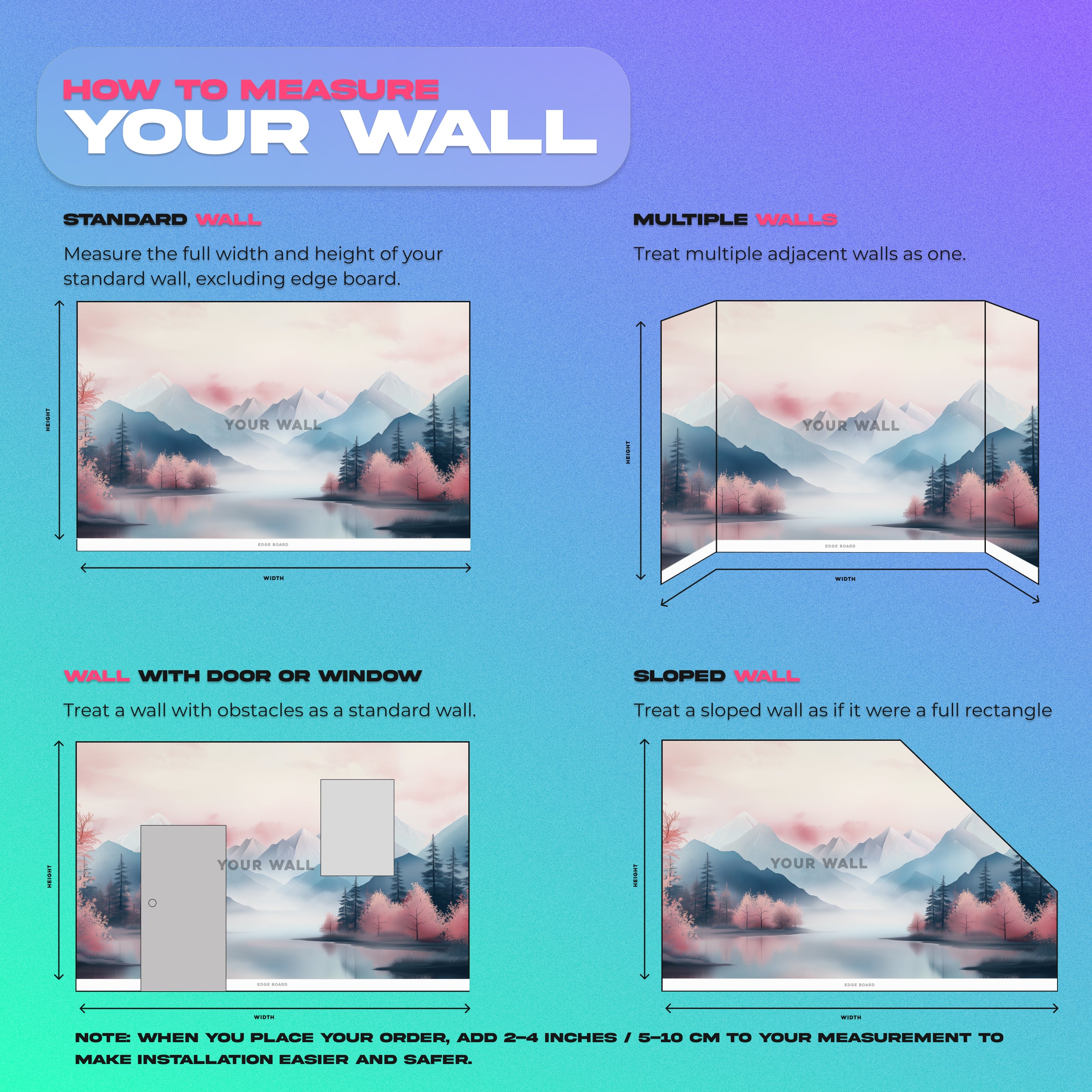 Pink mountain lake mural featuring pink blossoms, misty mountains, and evergreen trees in a serene pastel landscape for peel