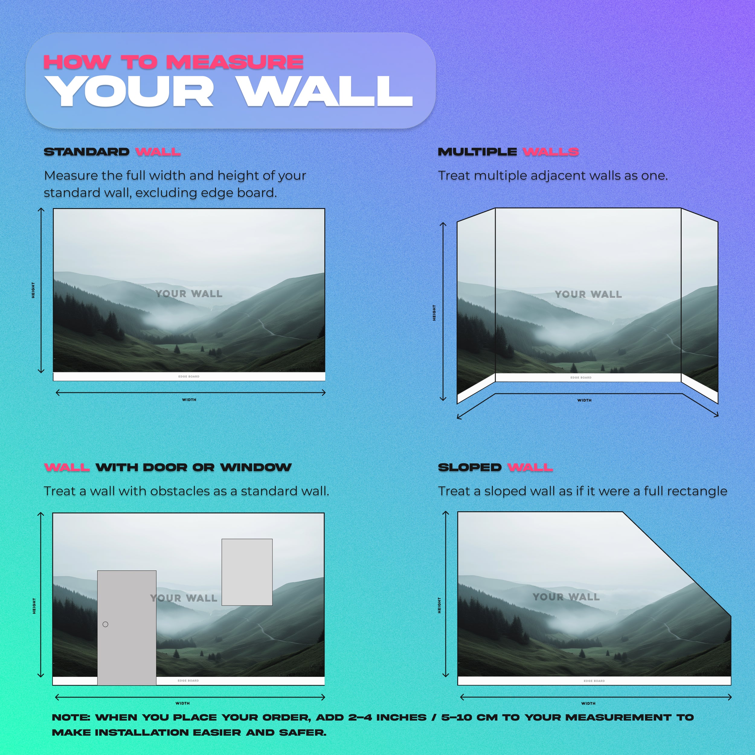 Misty mountain valley mural with green rolling hills in a tranquil, foggy panorama suitable for a living room wall decor with