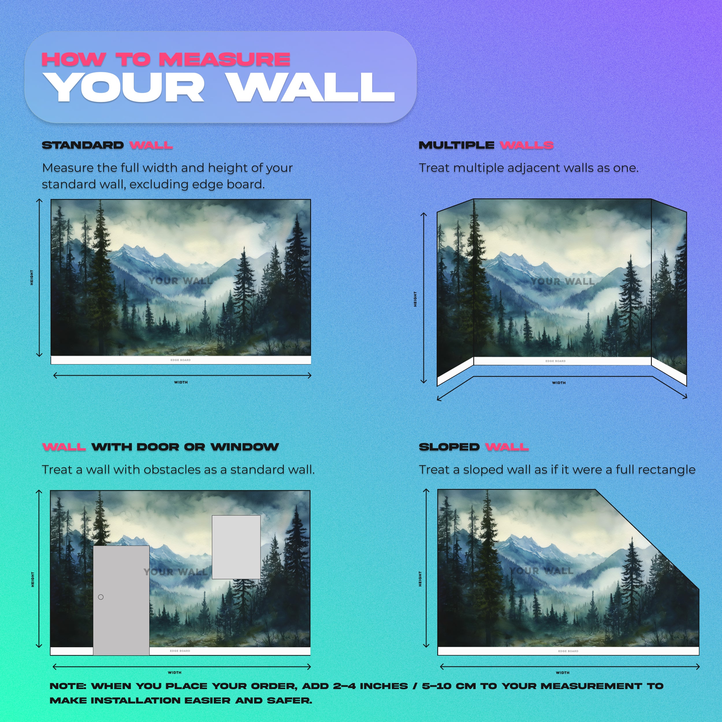 Watercolour Mountain Forest mural in cool greens and blues with misty peaks, evergreen trees, and a tranquil forest clearing