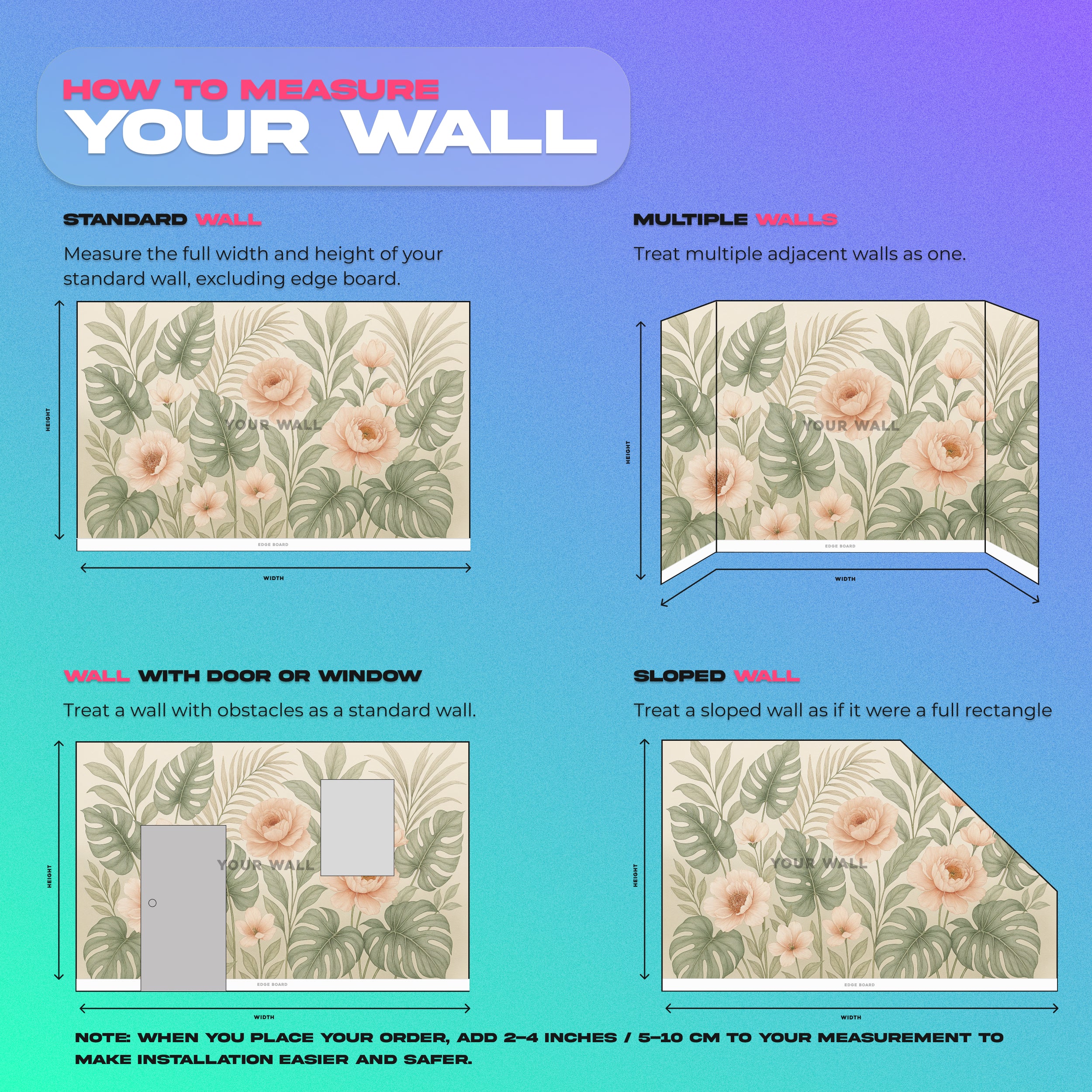 Tropical floral mural with peach peonies and green monstera leaves in watercolor style peel and stick botanical wall art for