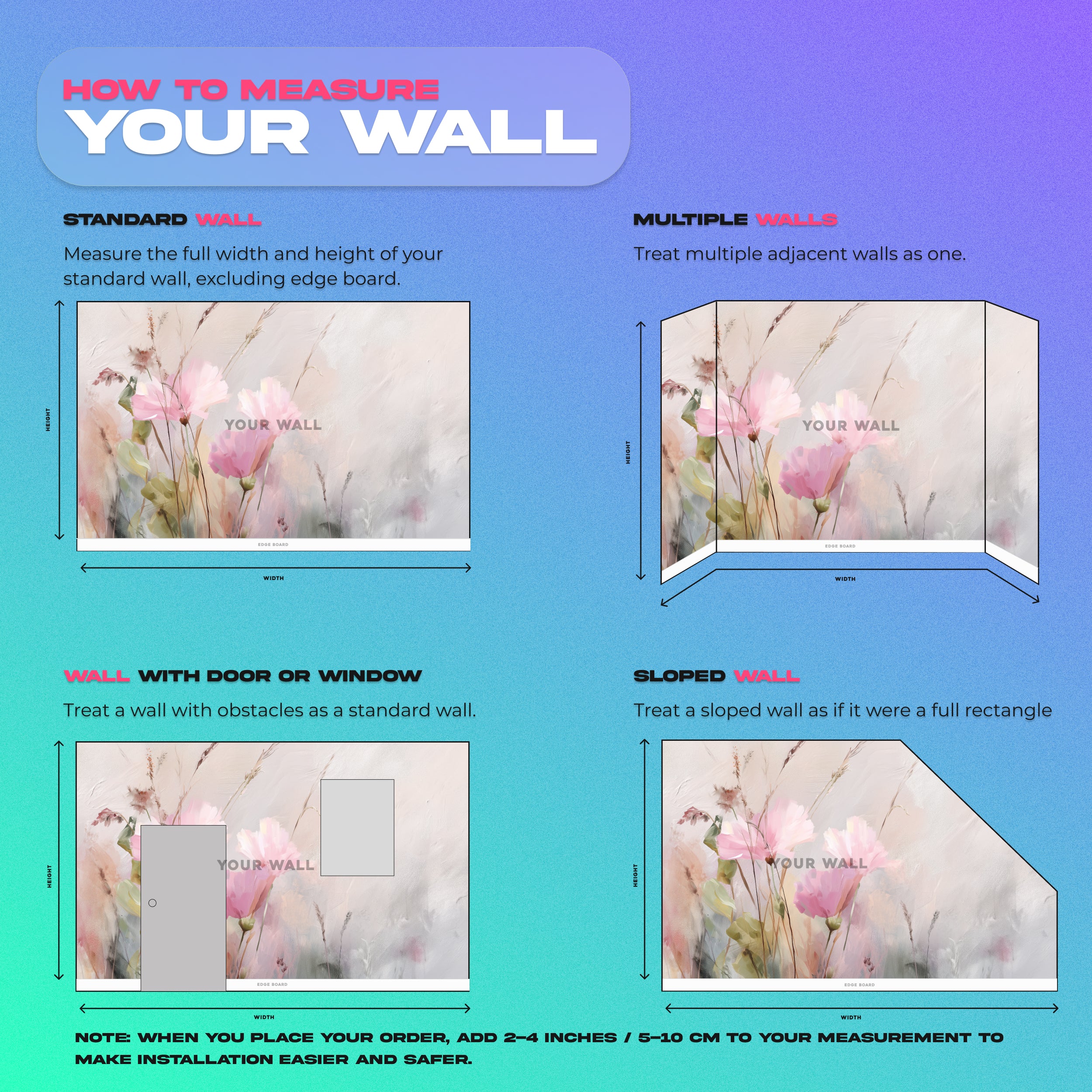 Watercolor floral mural with soft pink blooms and grasses peel and stick wall art for bedroom decor in a serene, dreamy paste