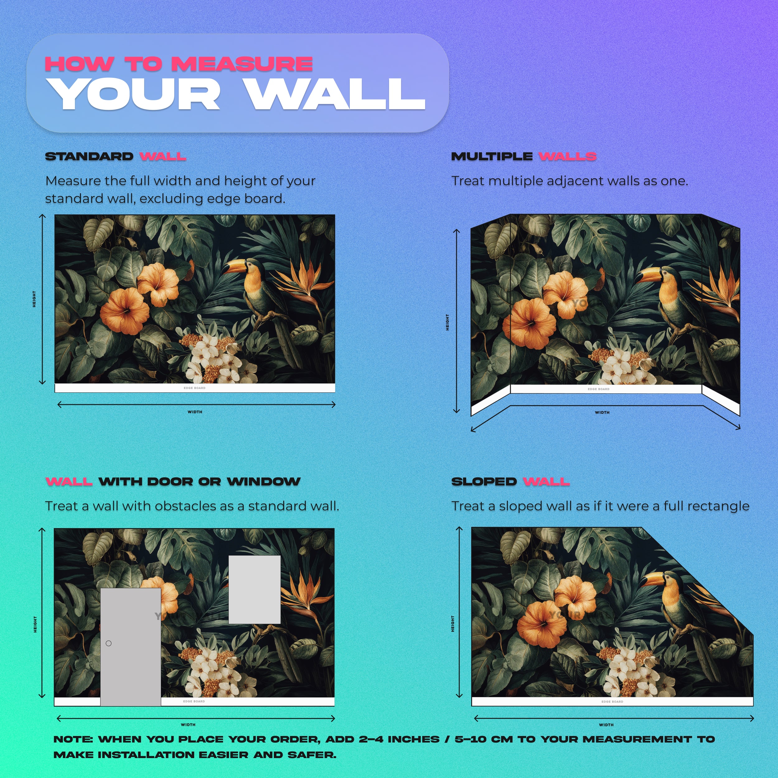 Tropical toucan mural with hibiscus flowers and green foliage in a vibrant peel and stick wall art setting for living room de