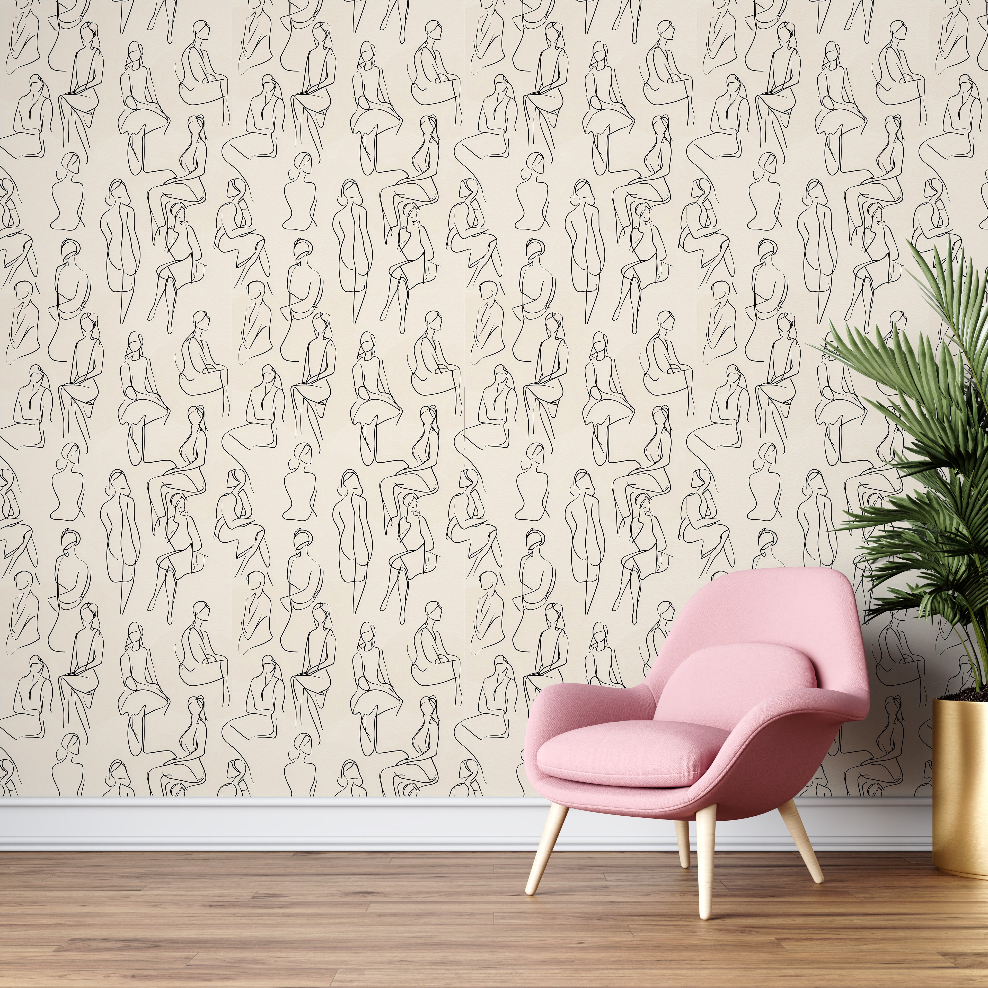 Beige abstract figure wallpaper with black minimalist line drawings of seated and standing human silhouettes in a repeating p
