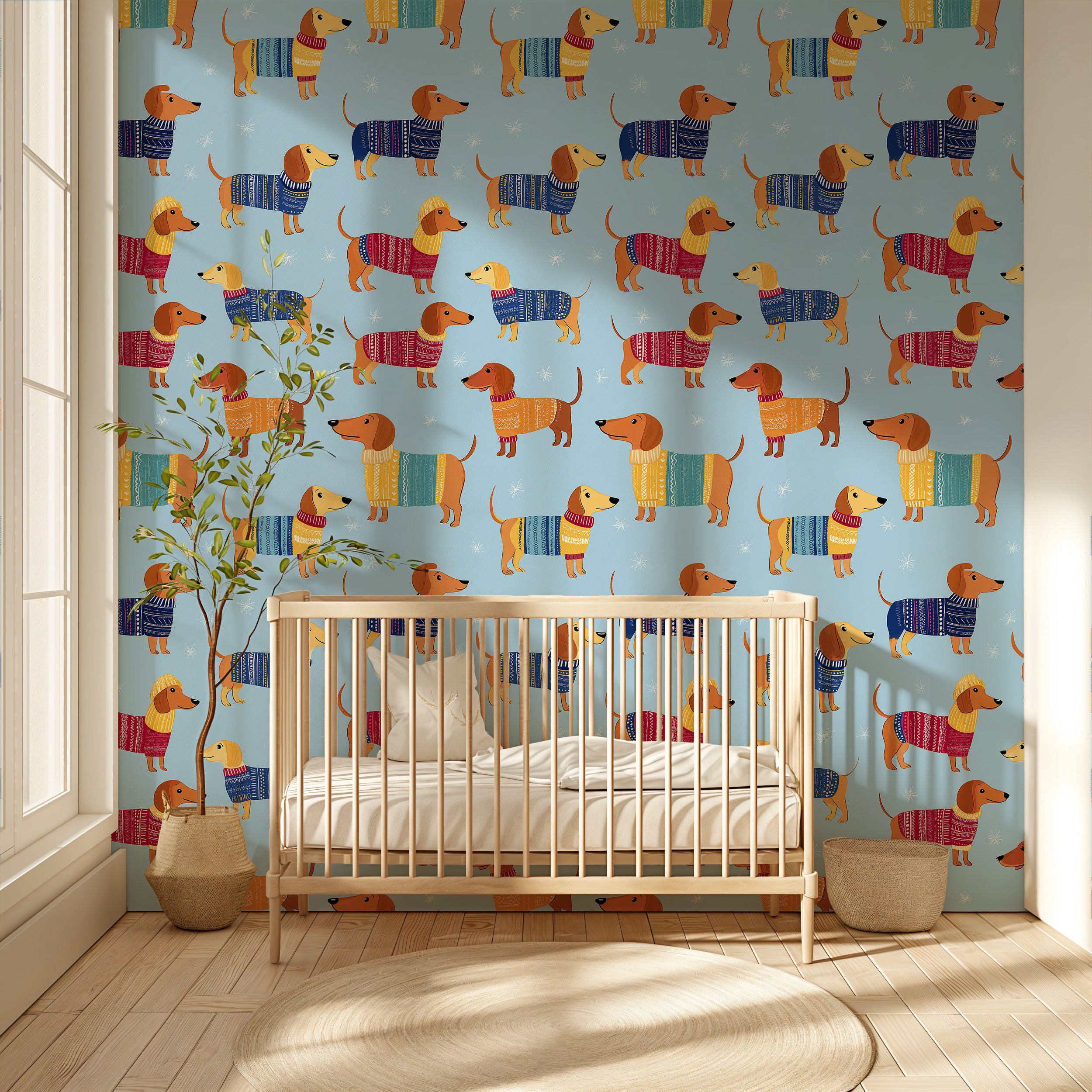 Cozy dachshund Christmas wallpaper in blue with colorful sweatered wiener dogs, seamless pattern for kids’ room nursery