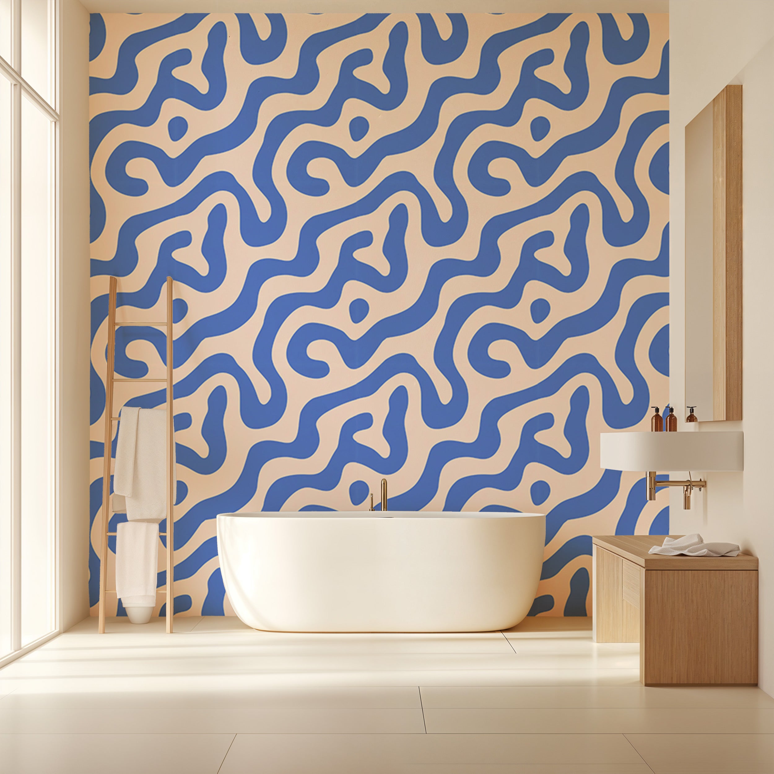 Removable blue beige abstract swirl wallpaper in a modern bathroom with a freestanding tub and minimalist wood accents
