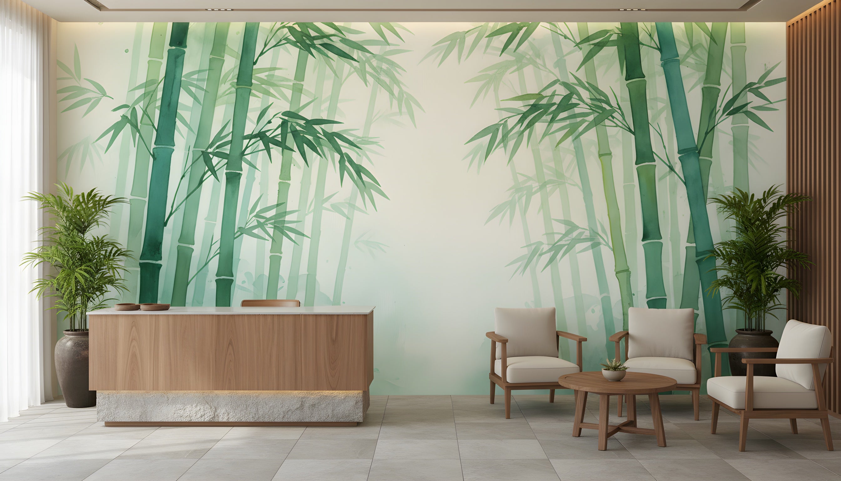 Watercolor bamboo forest mural in a serene lobby scene with green bamboo stalks, soft gradient background, and light wooden furniture and plush cream