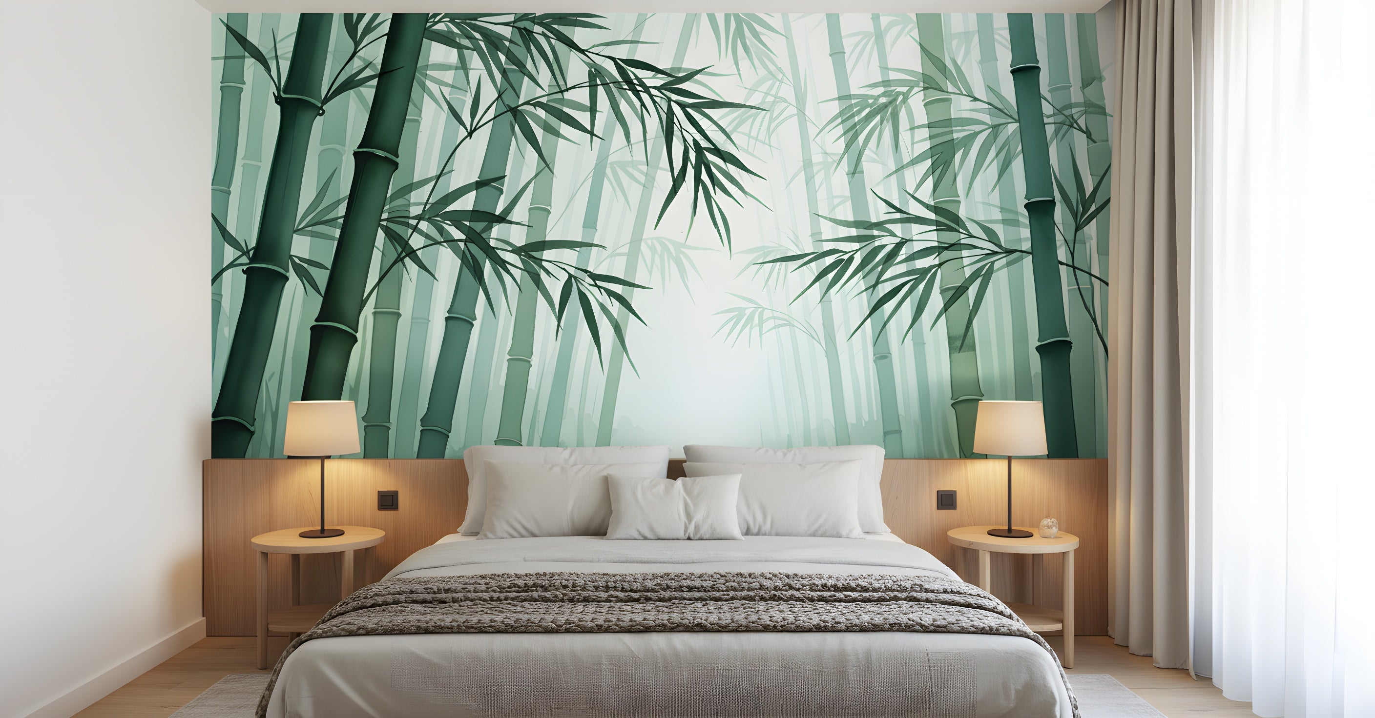 Bamboo forest mural with sage green stalks and leaves wall art behind a cozy bed in a serene bedroom setting with soft lighting and natural wood
