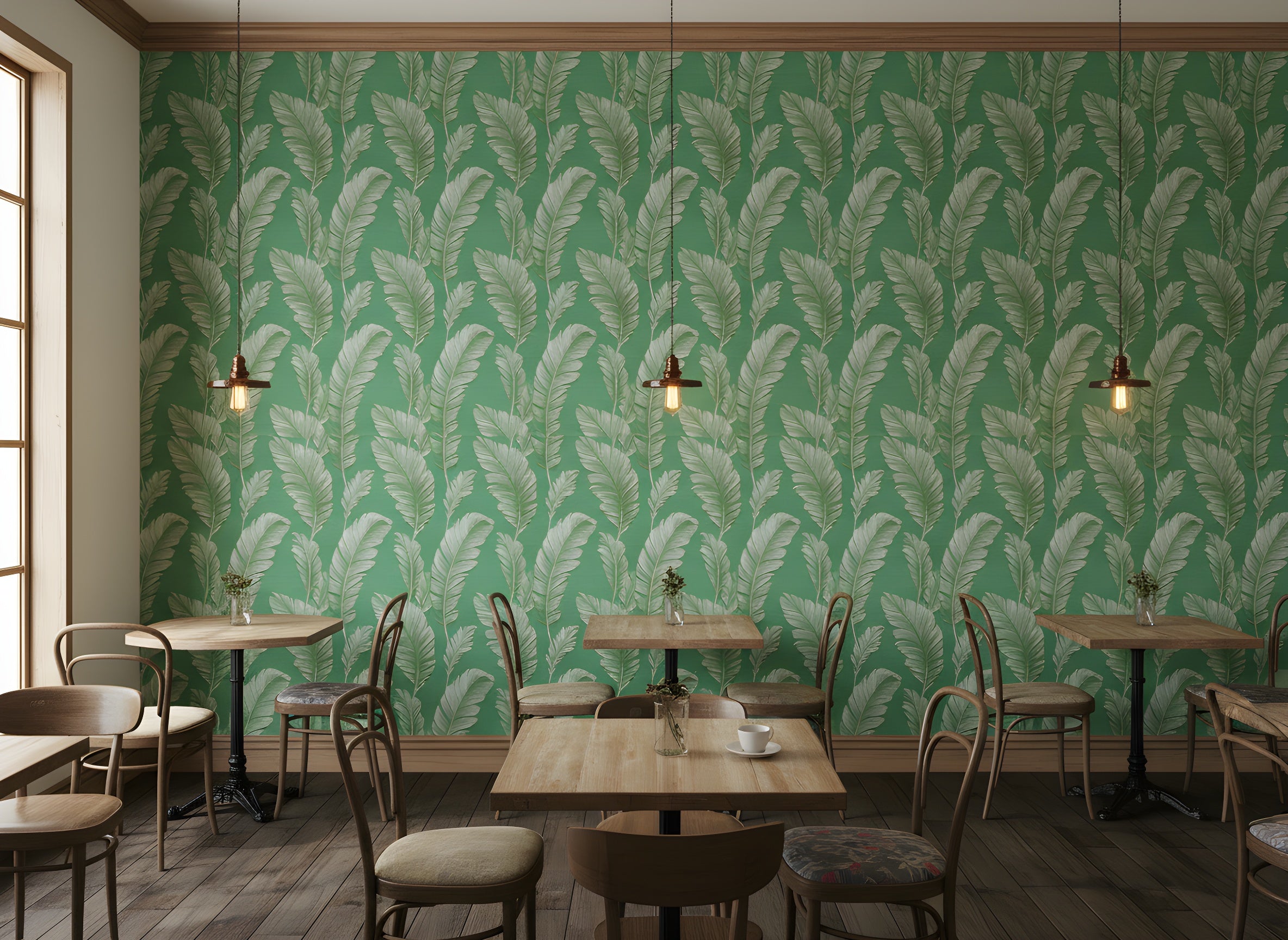 Green palm leaves wallpaper in a tropical cafe setting with emerald green background and cream palm fronds, peel and stick self-adhesive design