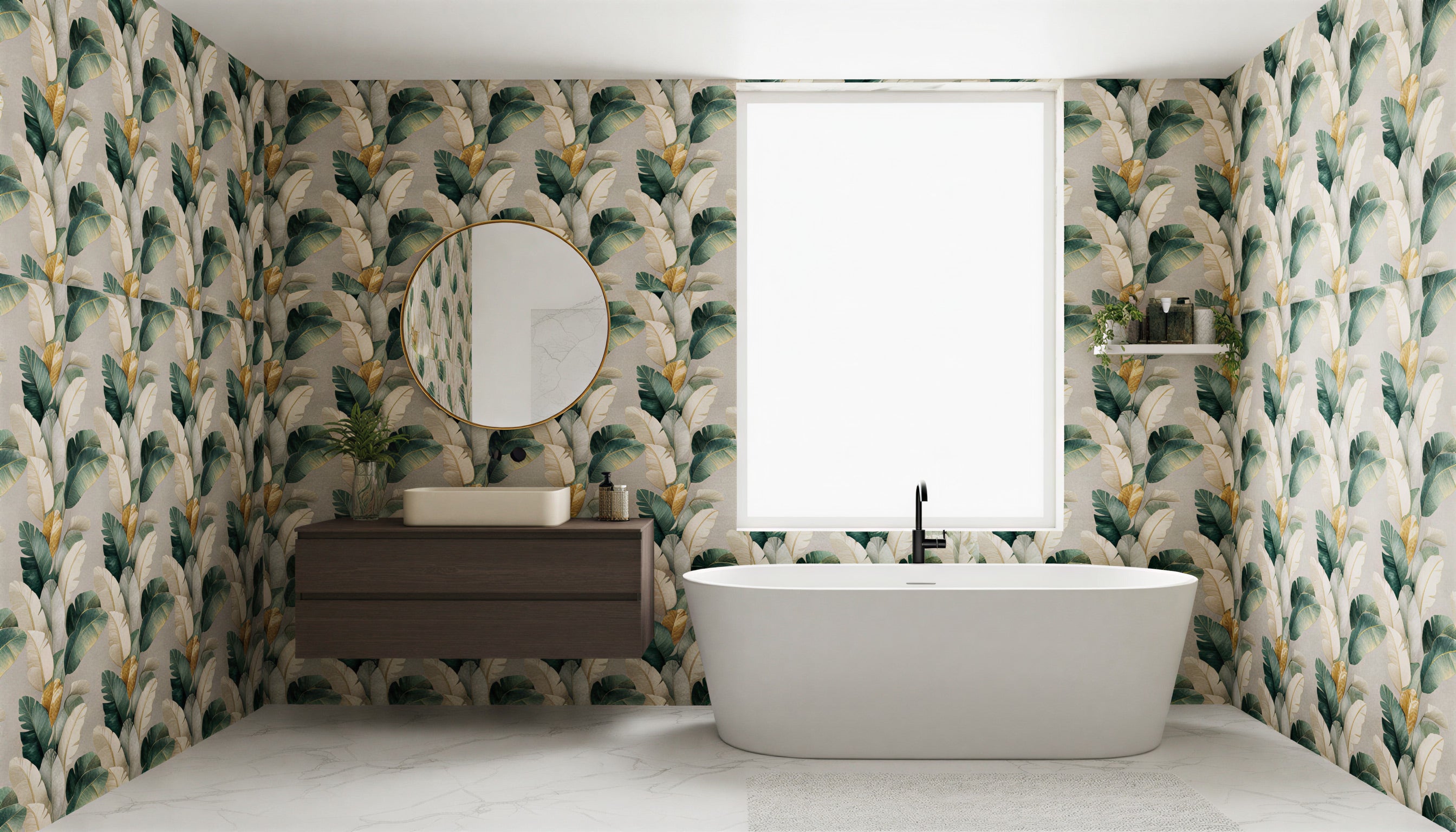 Luxurious tropical leaves wallpaper in green gold and cream adorns a modern bathroom with a freestanding white tub, dark wood vanity, round mirror