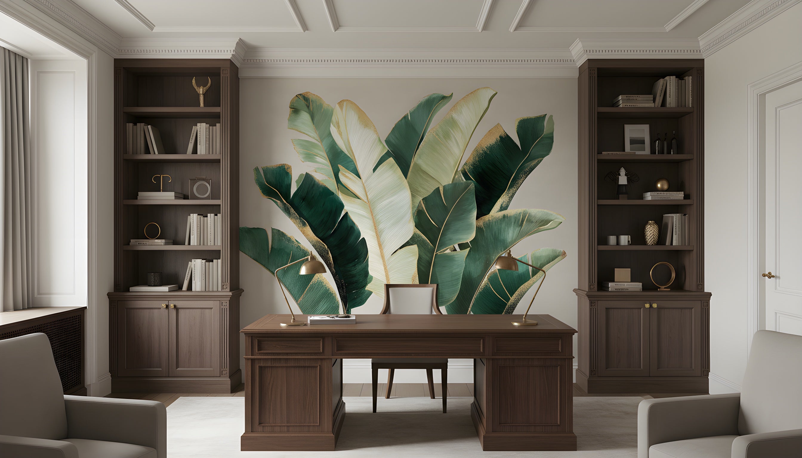 Luxurious tropical banana leaf mural in emerald and sage greens with gold accents, framed by dark wood shelves and a classic executive desk in a