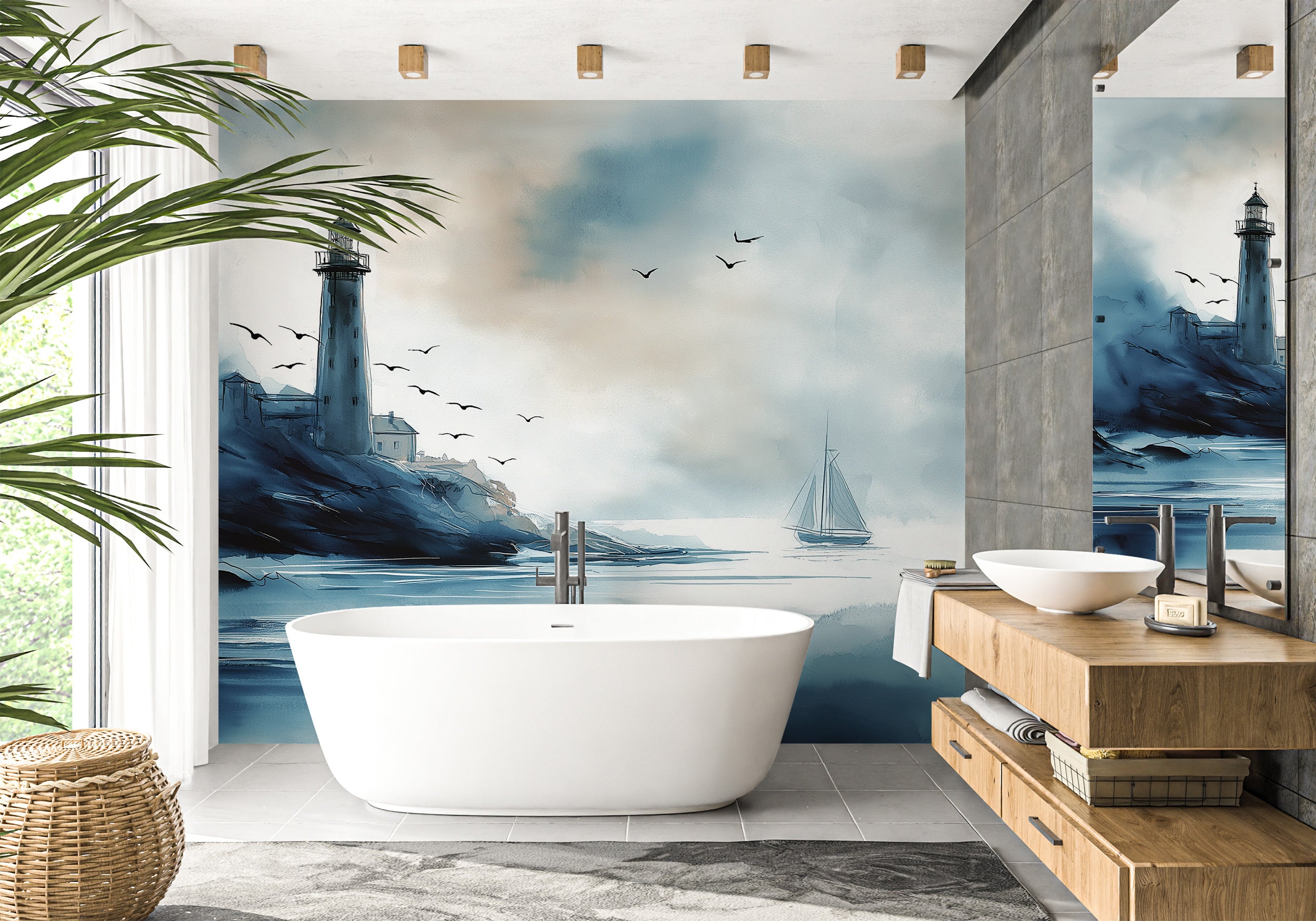 Coastal lighthouse watercolor mural in a modern bathroom with a freestanding white tub, blue sea tones, sailboat, and gulls u