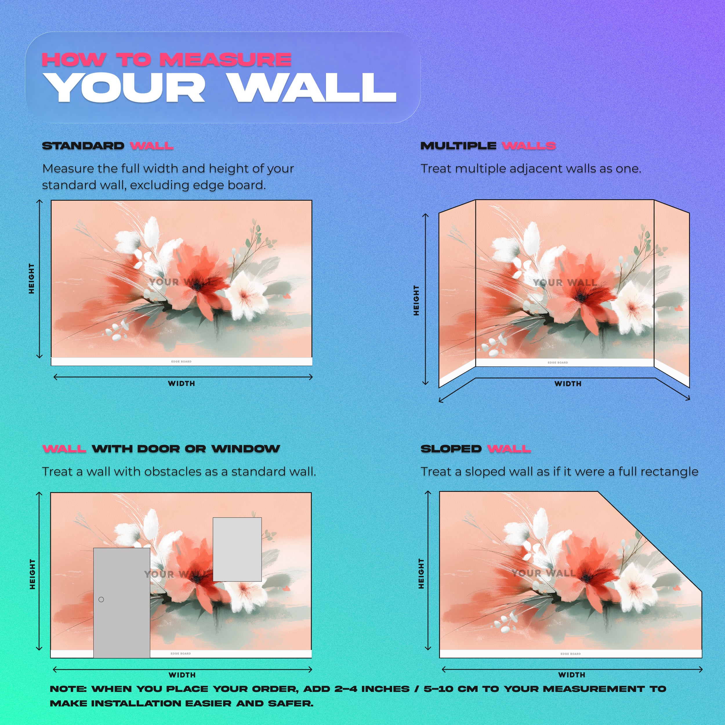 Soft coral, white, and sage abstract floral mural with watercolor style for bedroom or living room, peel and stick design