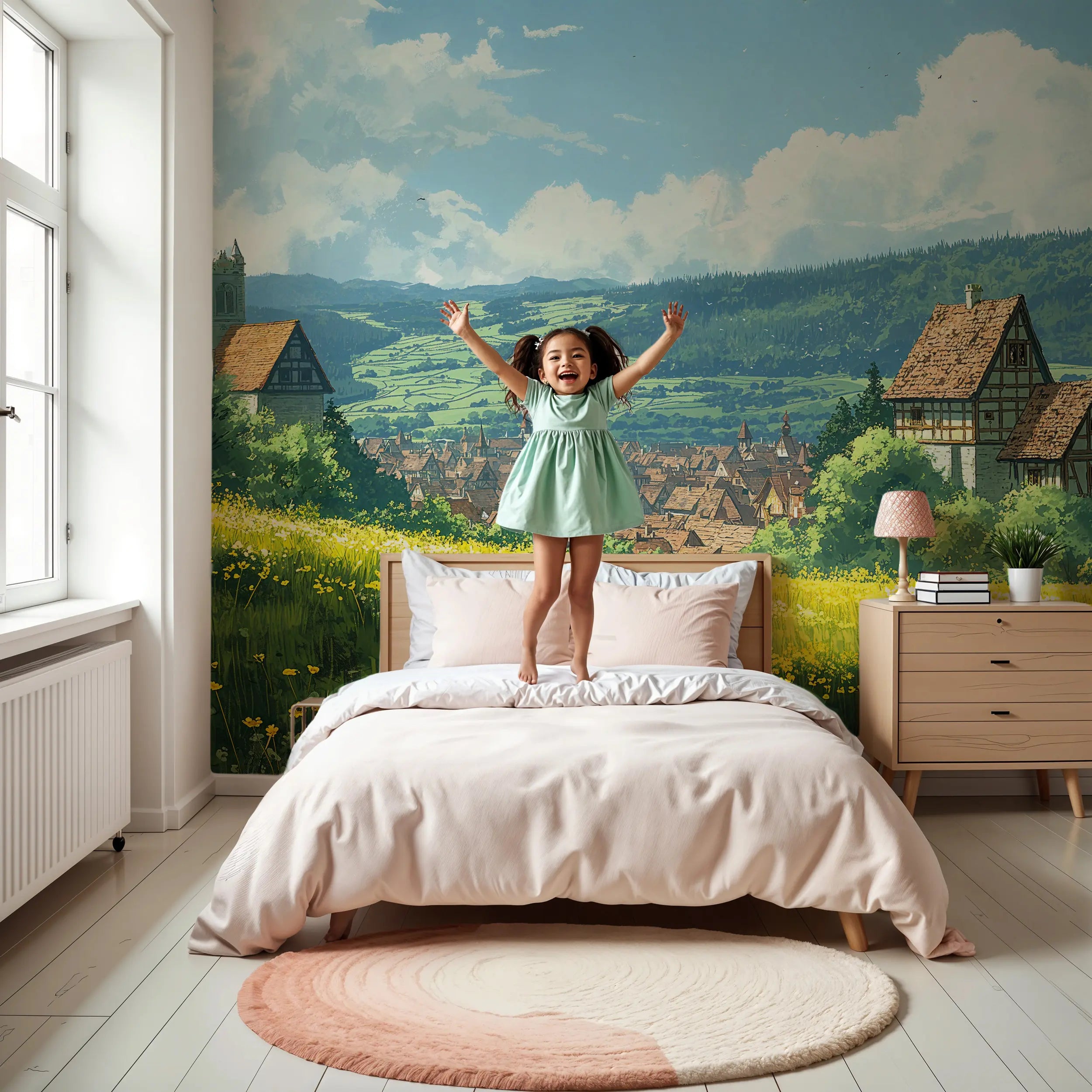 Serene English countryside mural for nursery