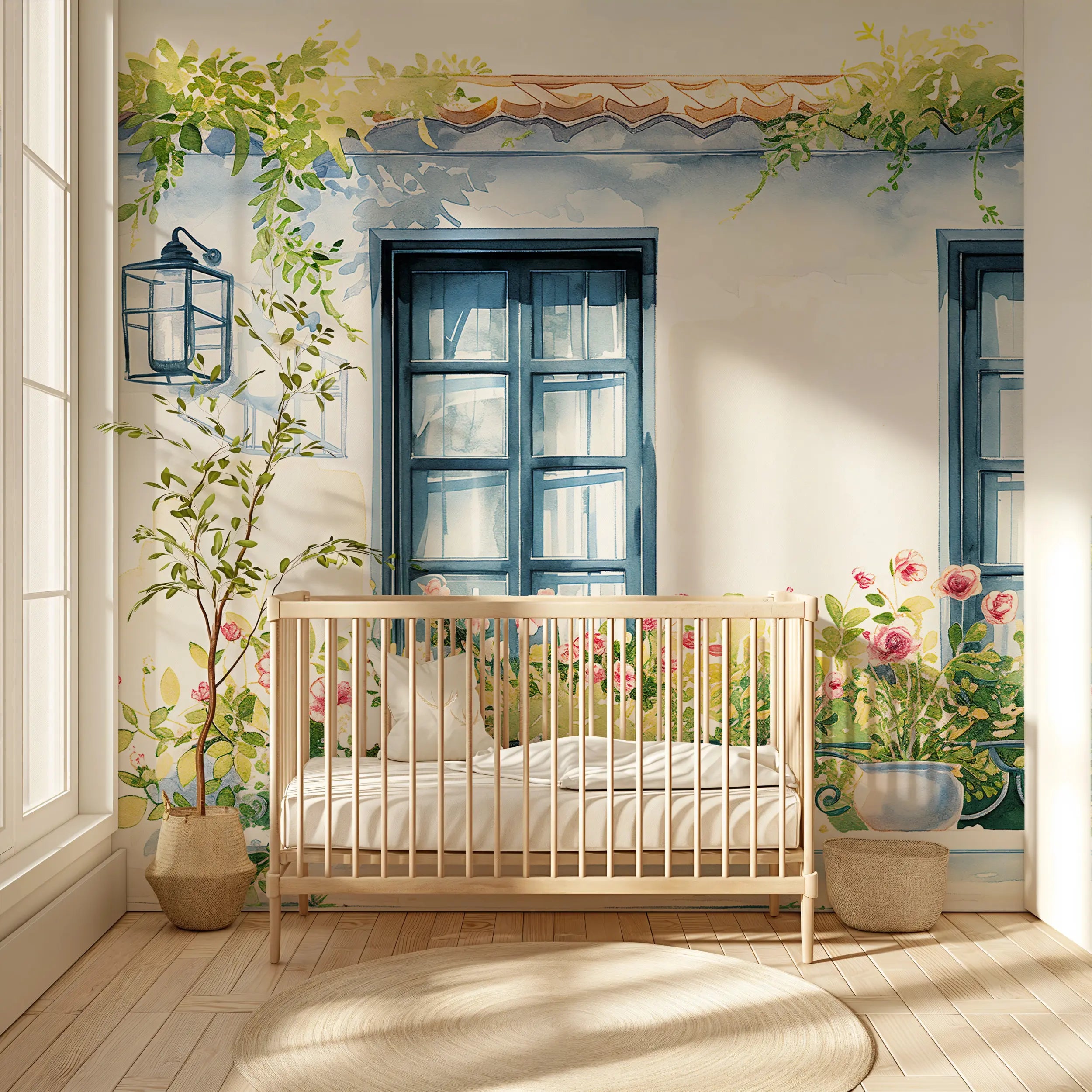 Pink floral cottage mural for children