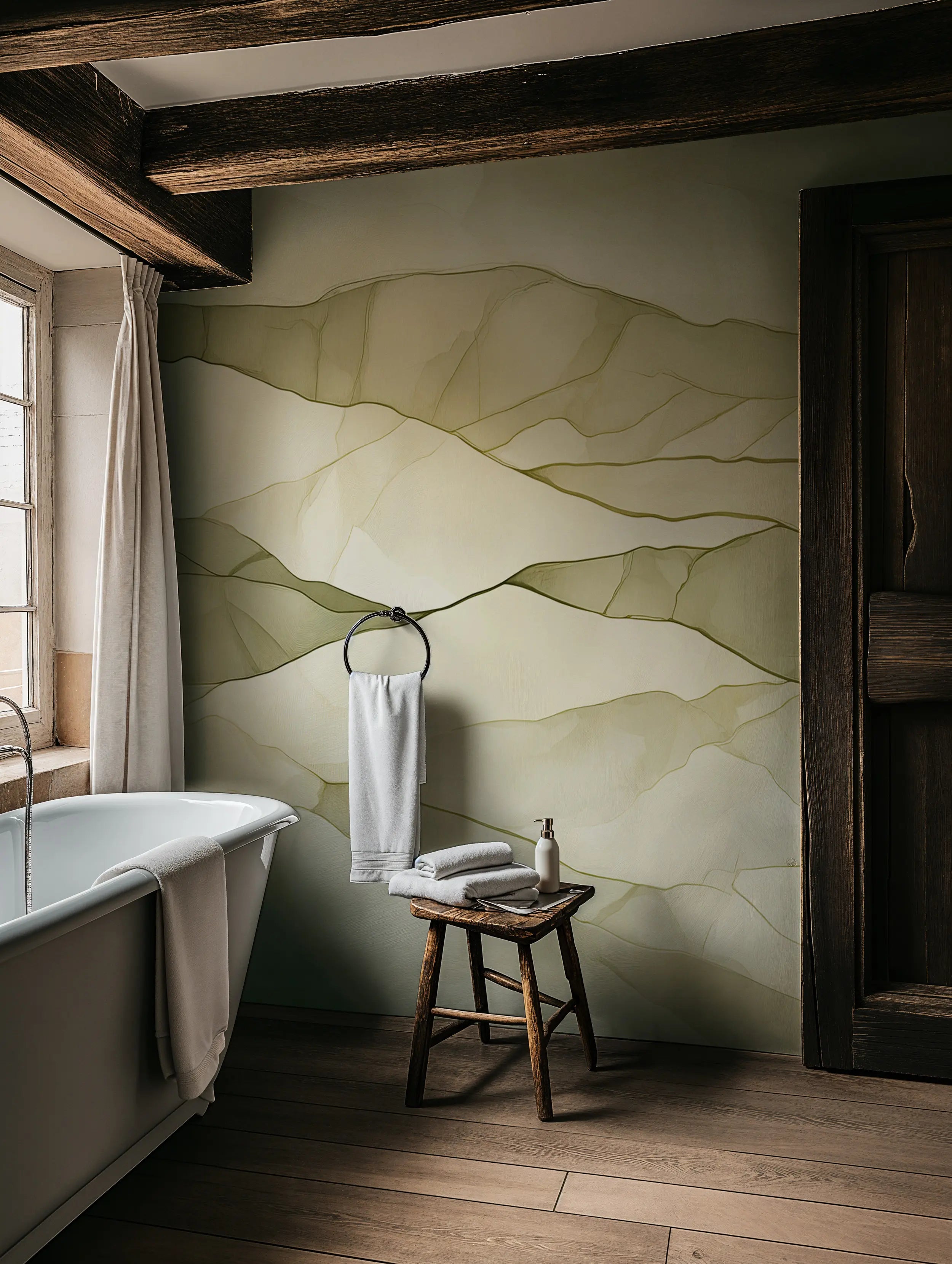Beige and olive limewash mural