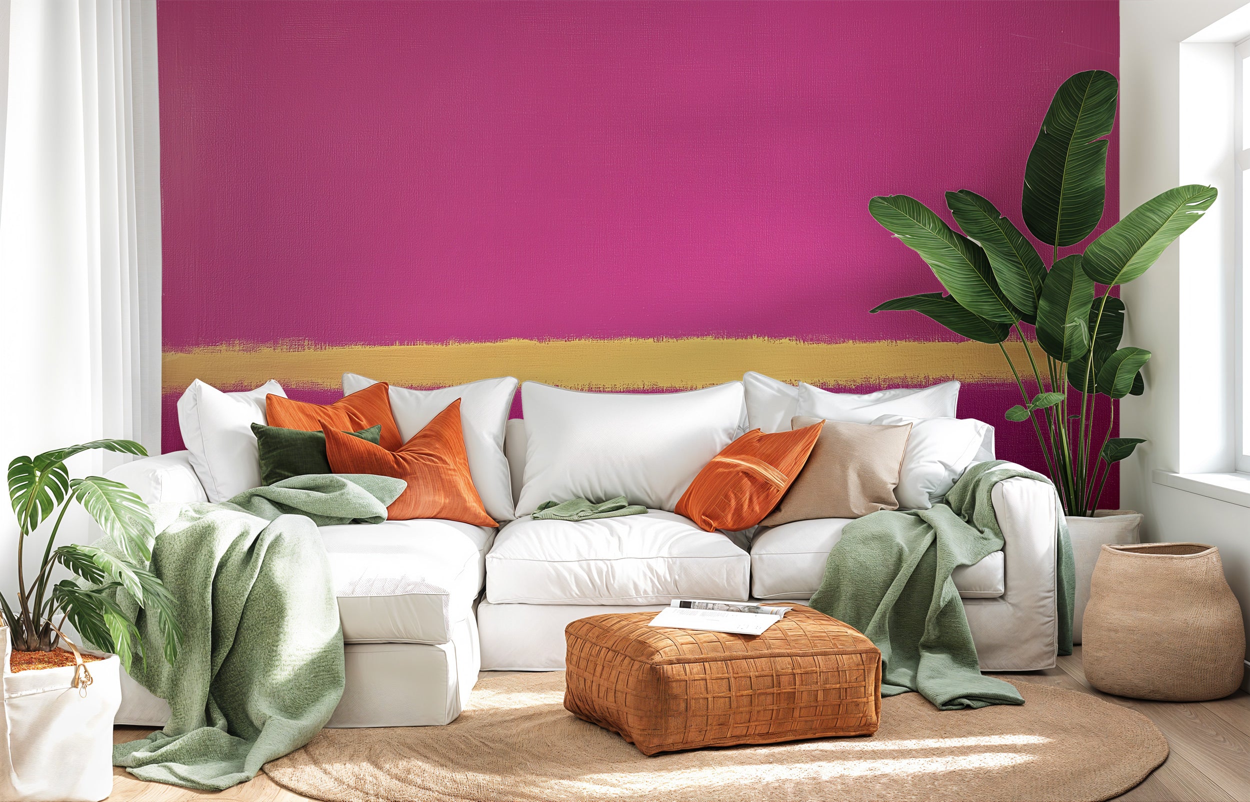 Pink abstract mural with a golden brushstroke accent in a modern living room featuring white sofa, magenta wall, green plants