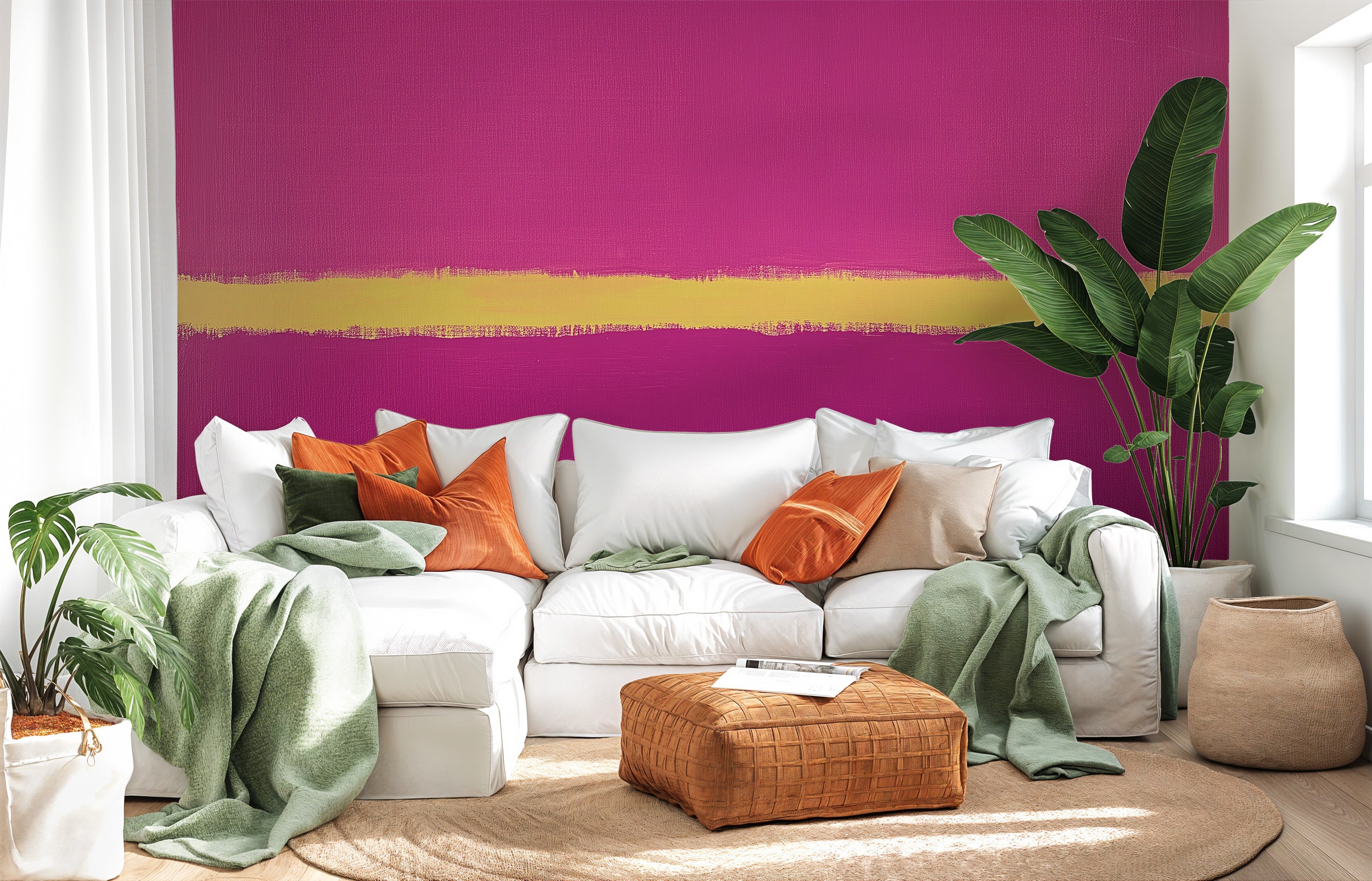 Pink abstract mural with a bold gold brushstroke strip adorning a magenta wall behind a white sectional sofa and tropical pla