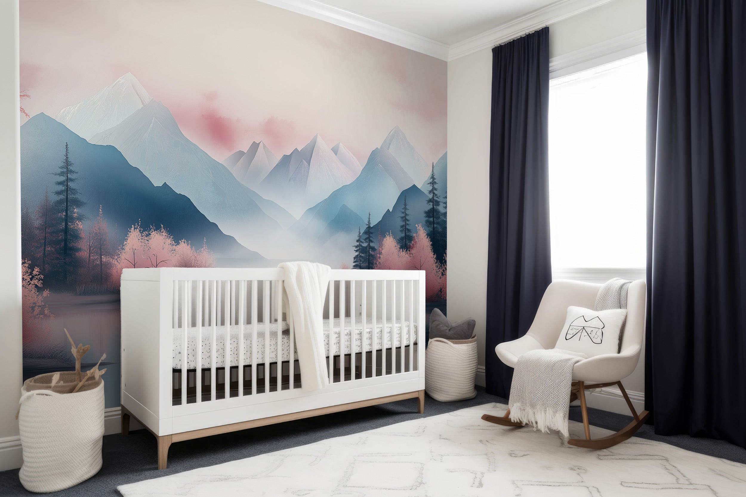 A pastel pink and blue mountain lake mural in a nursery, with misty peaks, evergreen trees, and cherry blossoms behind a whit