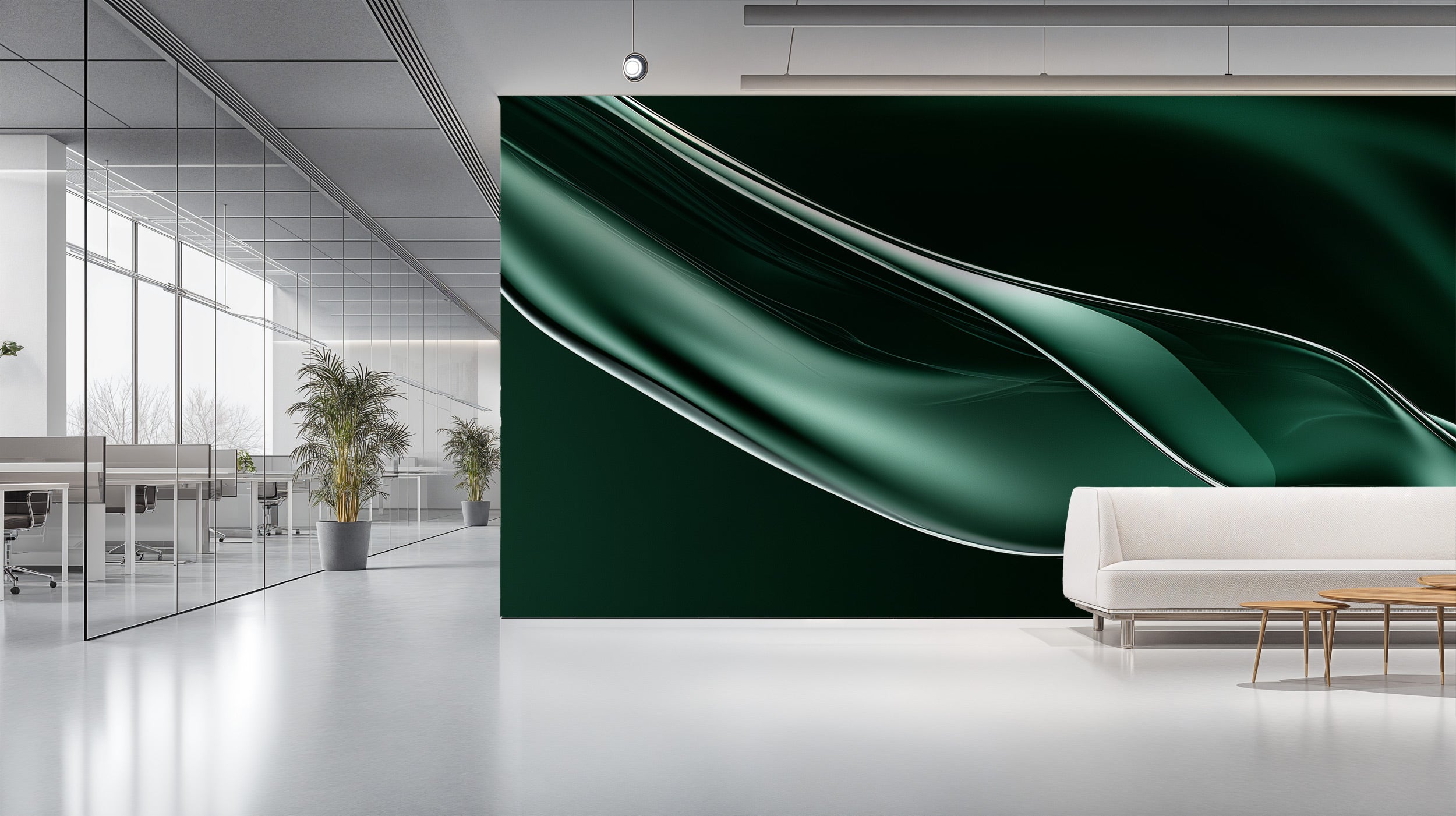 Emerald abstract flow mural with liquid curves in a modern office lounge featuring a dark green mural wall beside a white sof