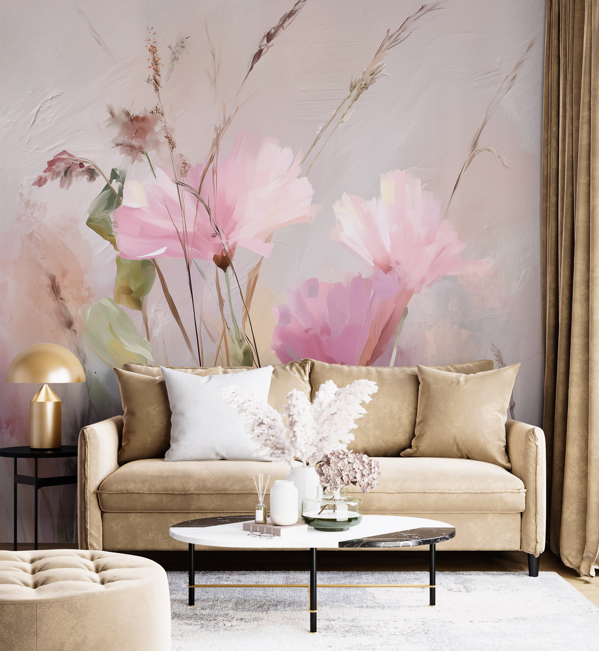 Watercolor floral mural with soft pink blooms and grasses in a warm beige living room setting, removable peel and stick wall
