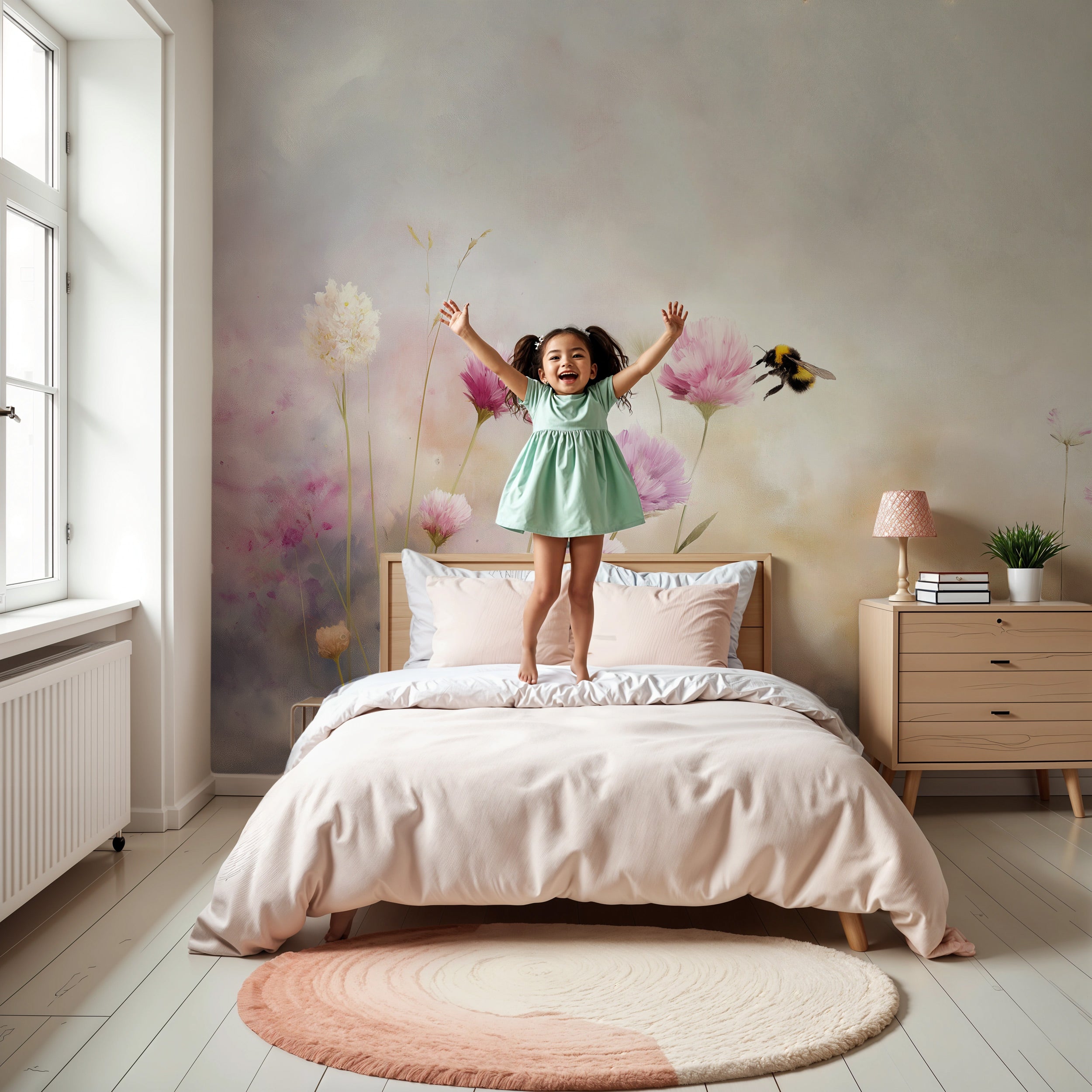 Watercolor meadow mural with pink cosmos and bumblebee in flight behind a girl jumping on a bed in pastel bedroom setting