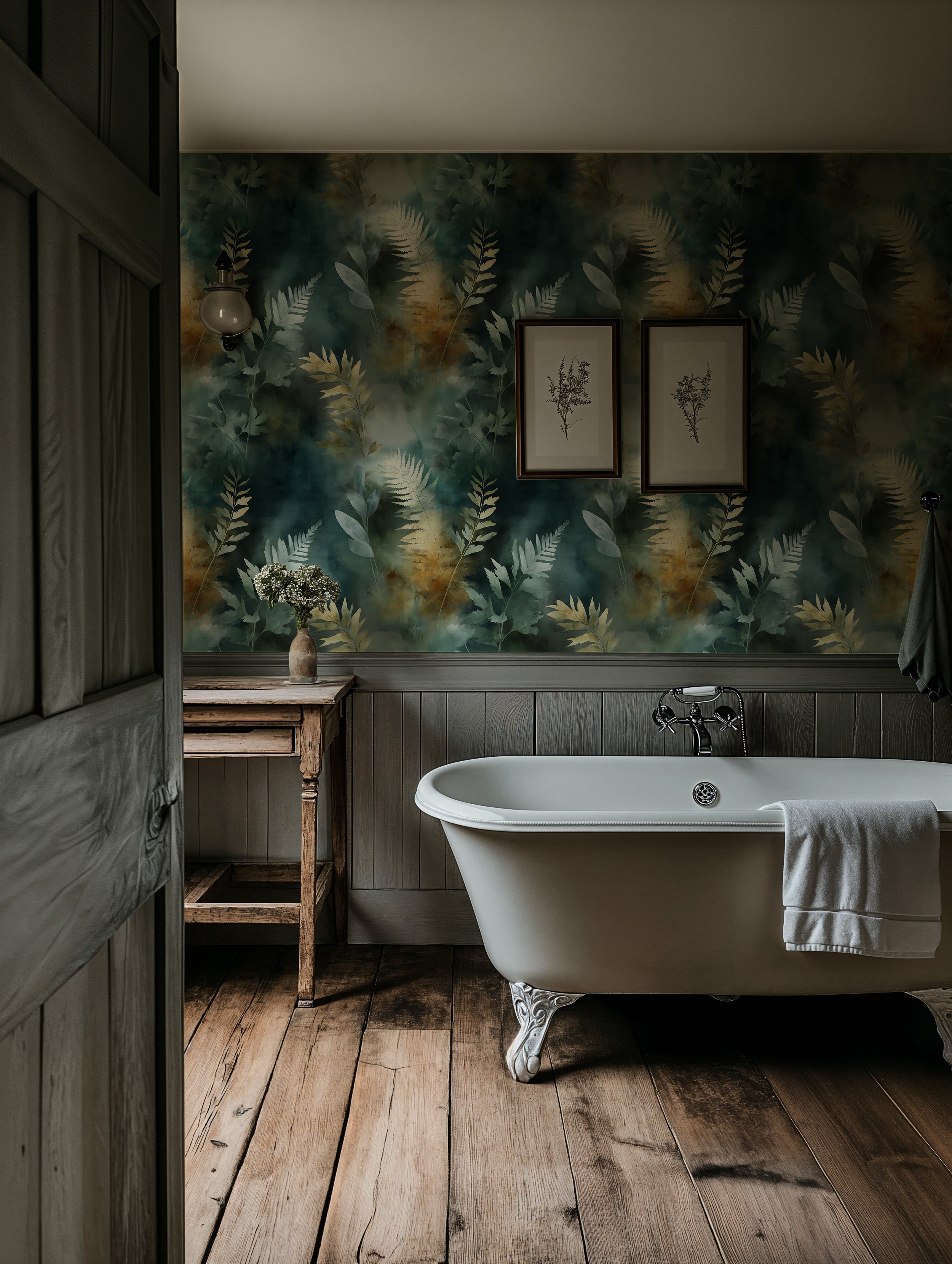 Teal and gold watercolor botanical wallpaper mural with fern fronds in a vintage bathroom setting featuring a clawfoot tub an