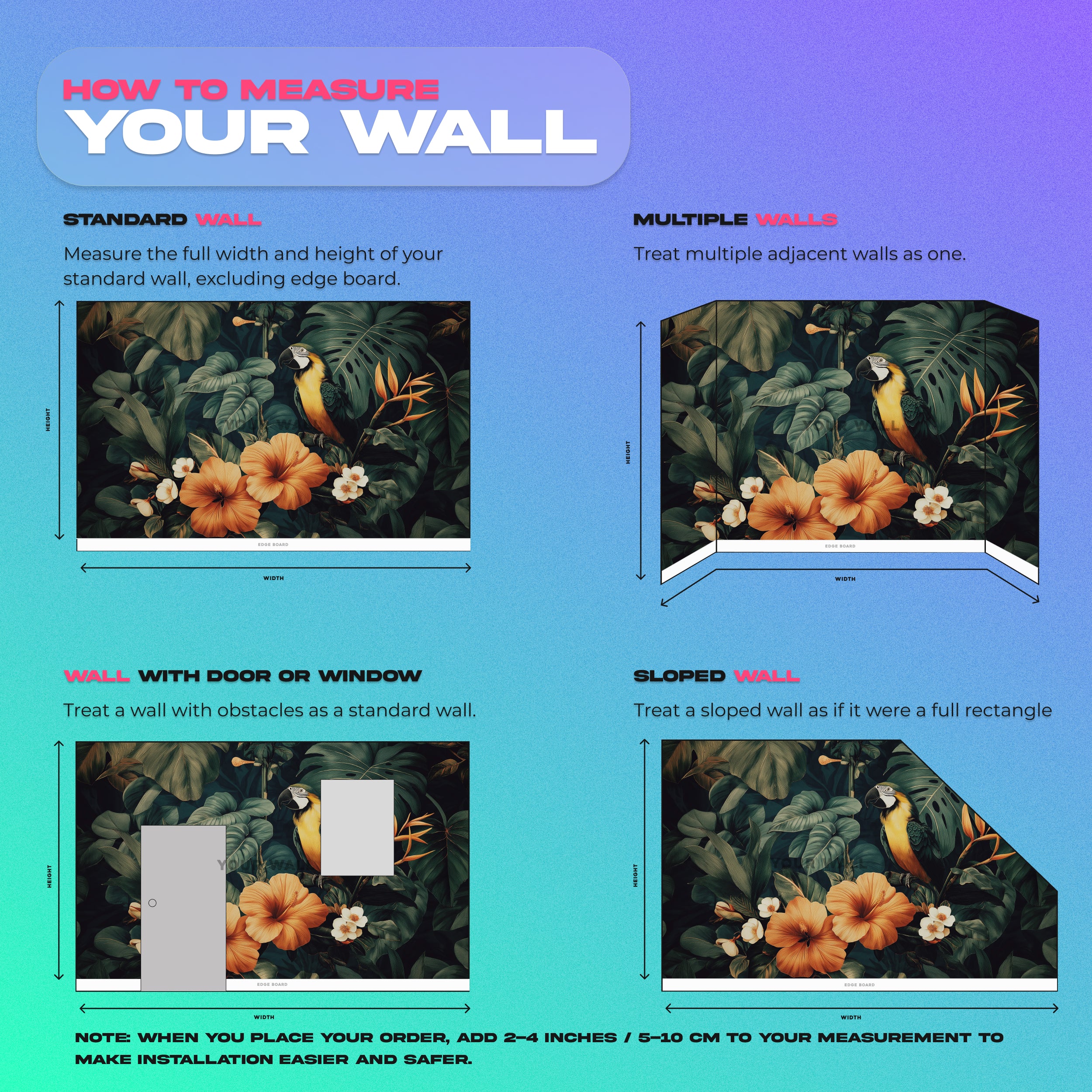 Tropical Paradise Mural featuring a vibrant parrot and hibiscus flowers in emerald greens and warm corals for living room dec